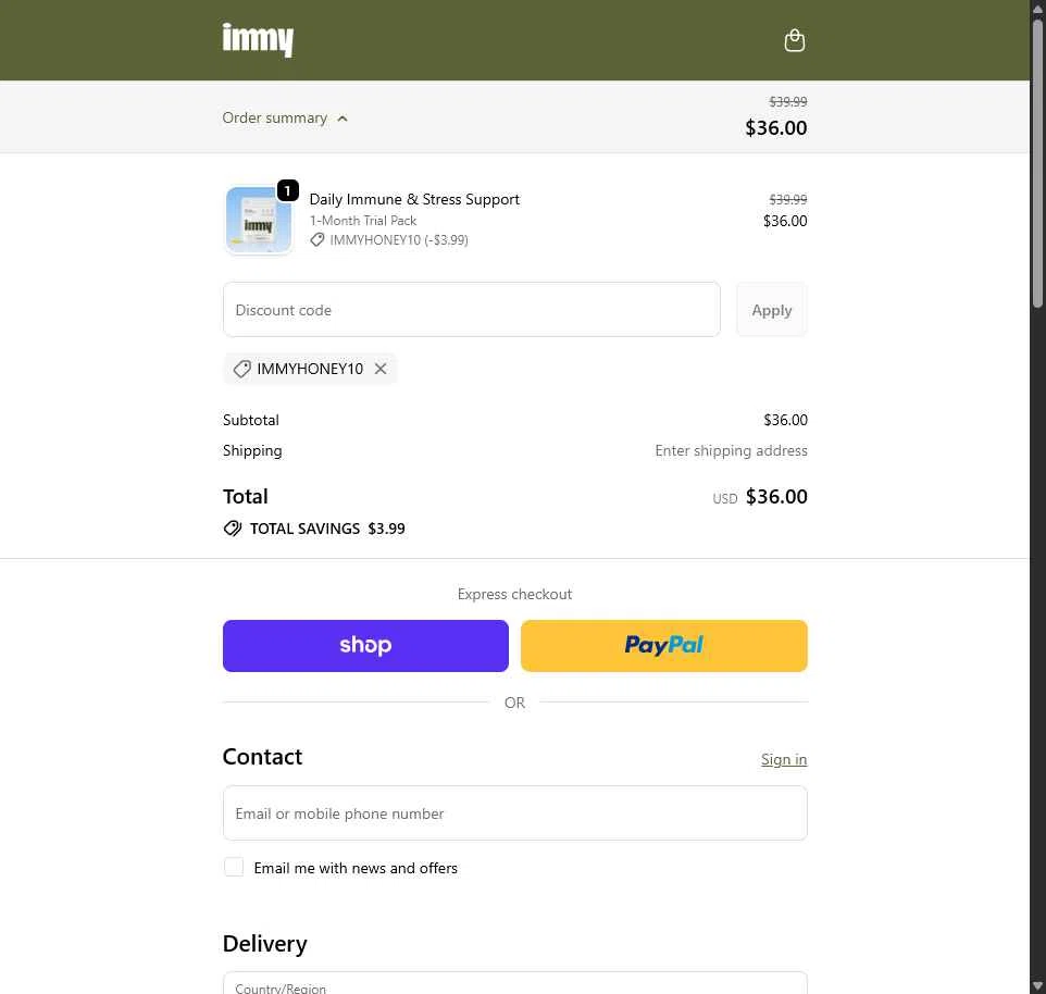 immy checkout page showing immy promo code box | Screenshot taken by SimplyCodes community member on Nov 19, 2025