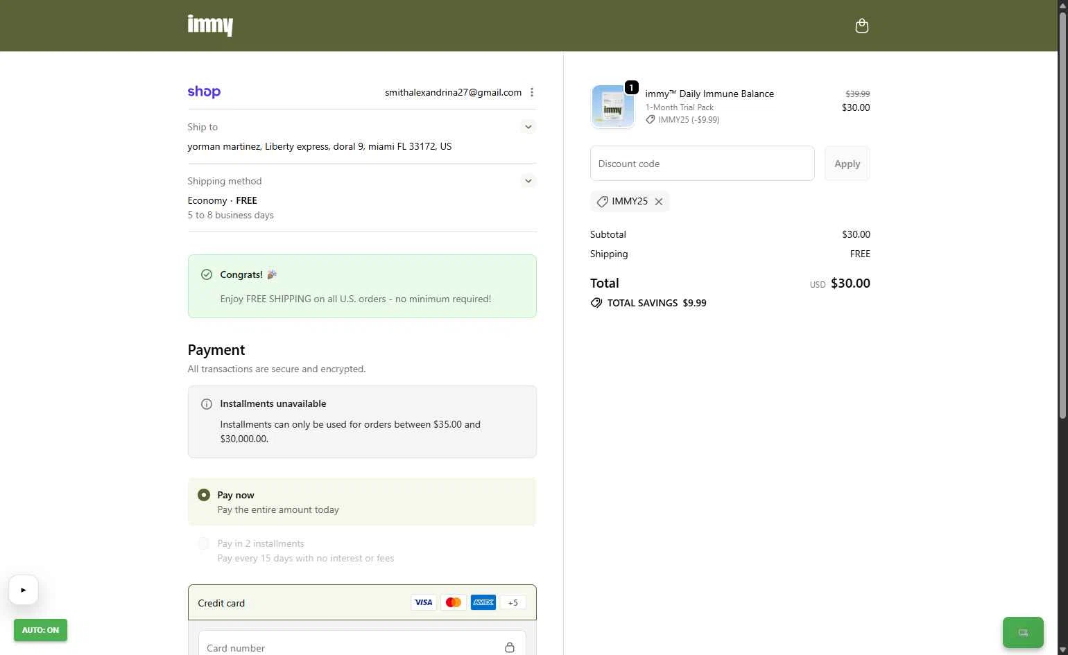 immy checkout page showing immy promo code box | Screenshot taken by SimplyCodes community member on Jan 24, 2026