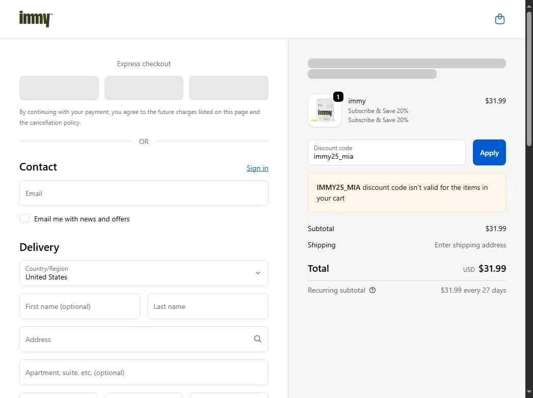 immy checkout page showing immy promo code box | Screenshot taken by SimplyCodes community member on Sep 25, 2025