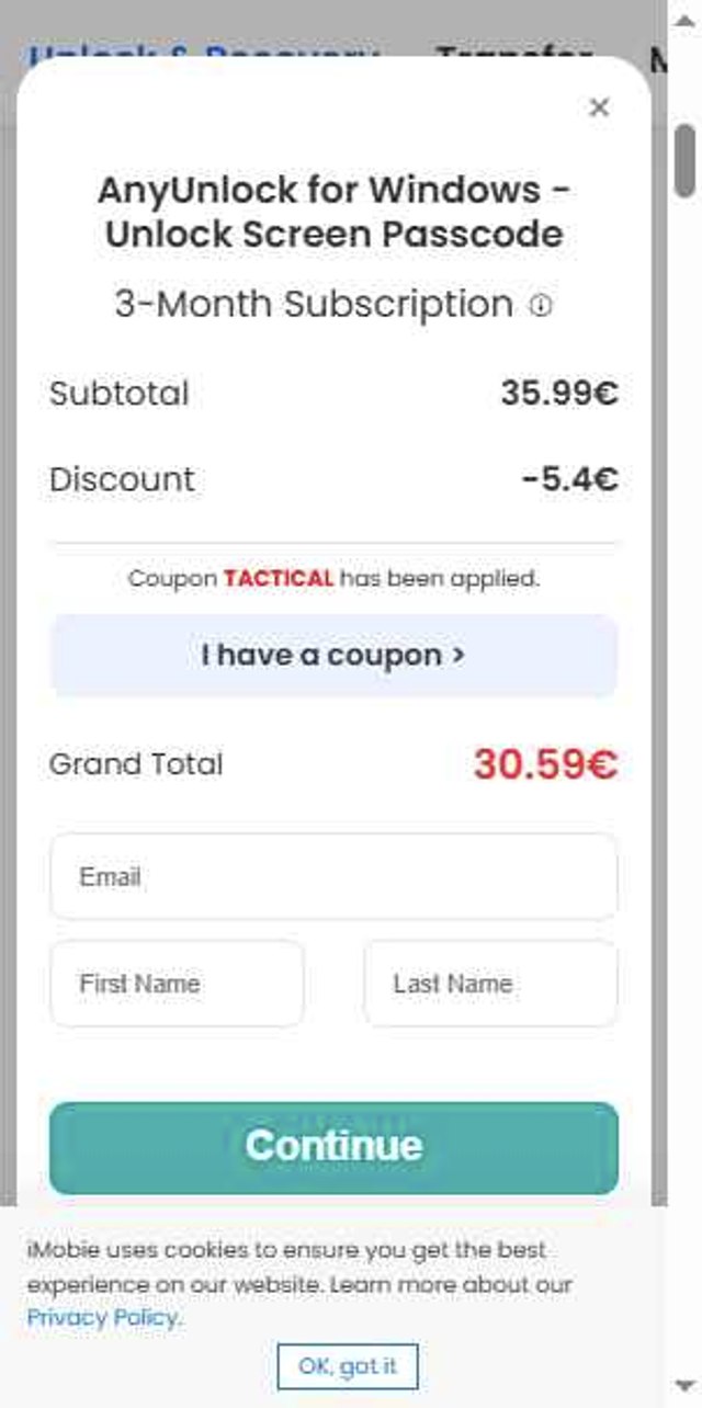iMobie checkout page showing iMobie promo code box | Screenshot taken by SimplyCodes community member on Sep 1, 2025