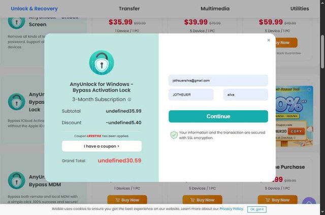 iMobie checkout page showing iMobie promo code box | Screenshot taken by SimplyCodes community member on Sep 1, 2025