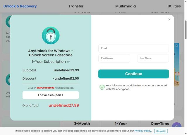 iMobie checkout page showing iMobie promo code box | Screenshot taken by SimplyCodes community member on Aug 25, 2025