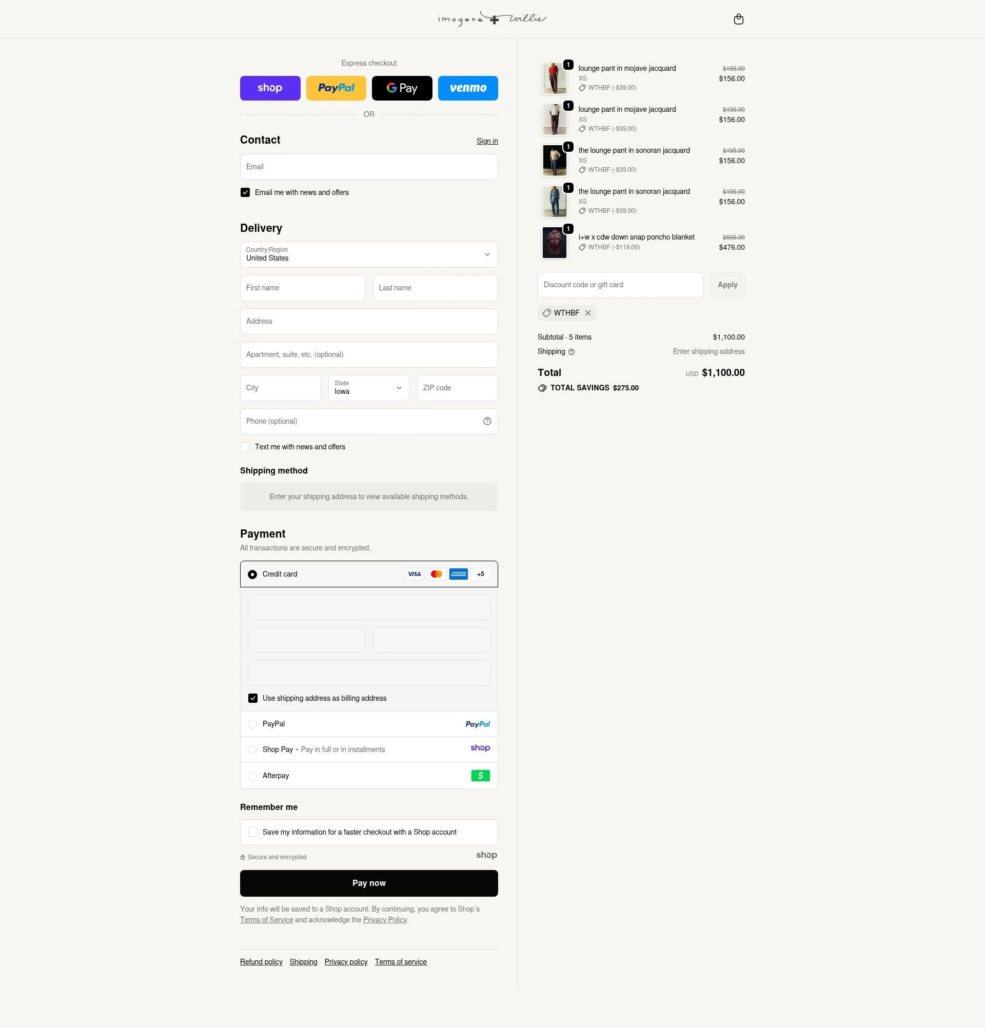 Imogene + Willie checkout page showing Imogene + Willie discount code box | Screenshot taken by SimplyCodes community member on Nov 28, 2025