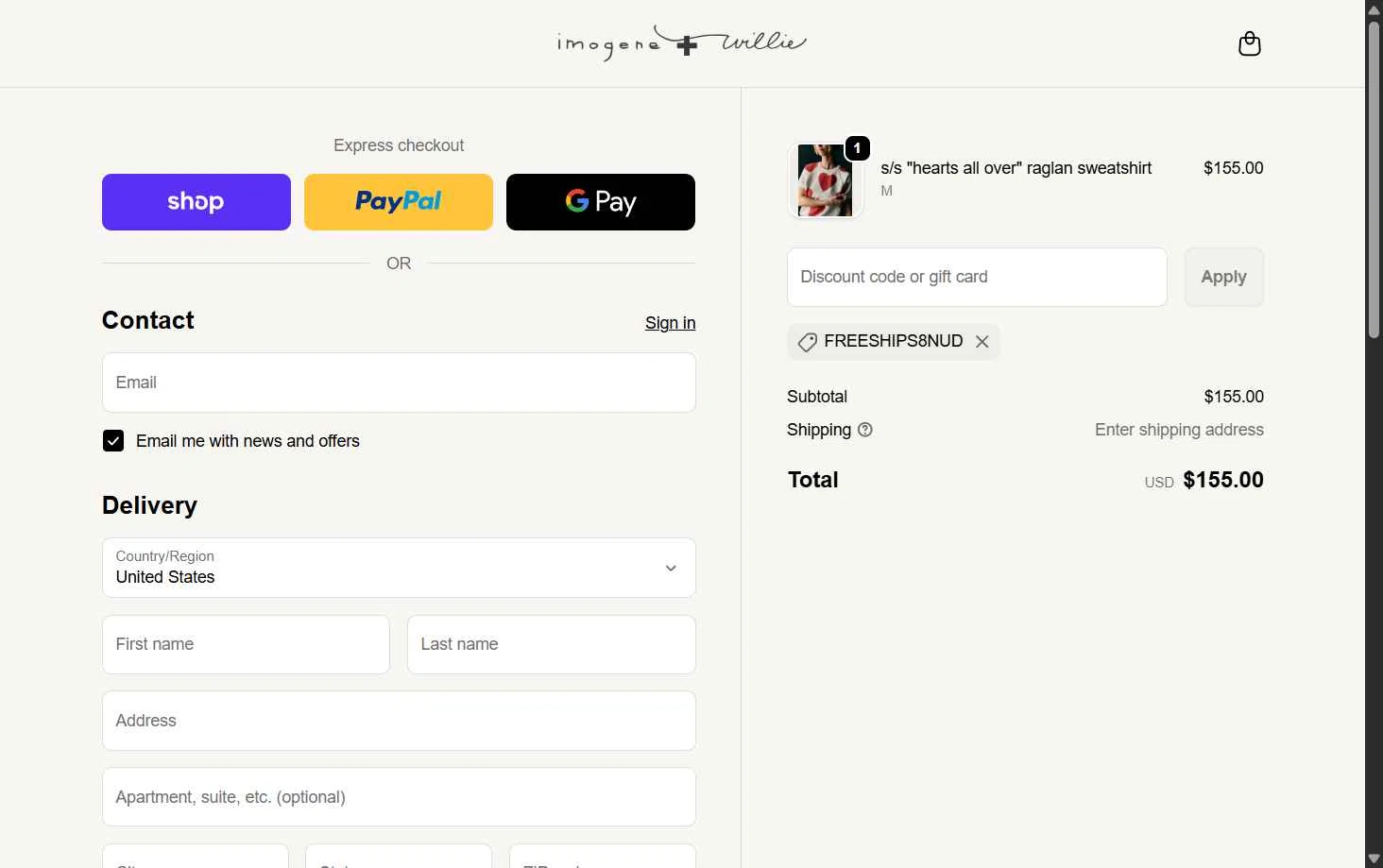 Imogene + Willie checkout page showing Imogene + Willie discount code box | Screenshot taken by SimplyCodes community member on Feb 7, 2026