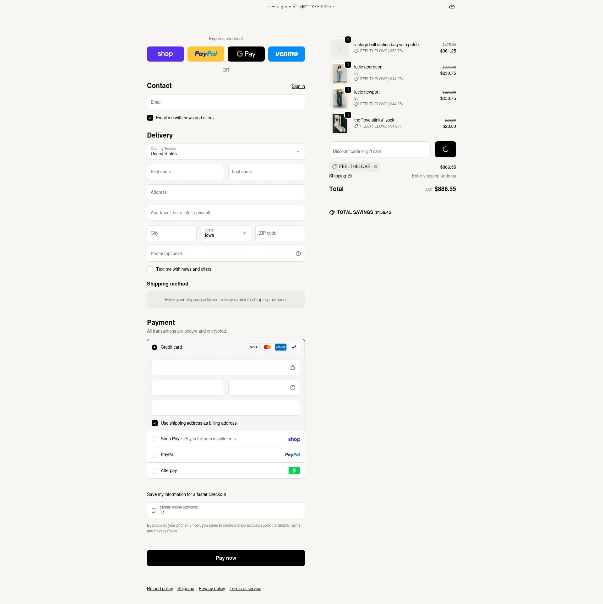 Imogene + Willie checkout page showing Imogene + Willie discount code box | Screenshot taken by SimplyCodes community member on Feb 12, 2026