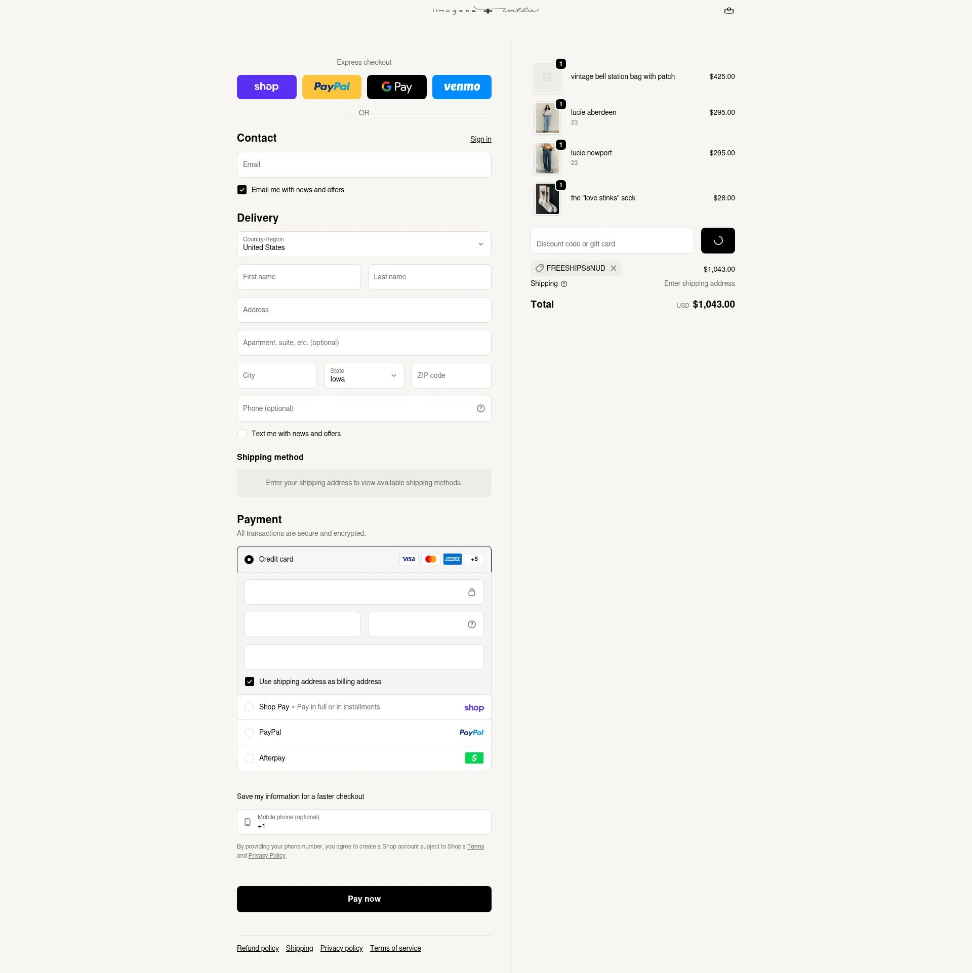 Imogene + Willie checkout page showing Imogene + Willie discount code box | Screenshot taken by SimplyCodes community member on Feb 12, 2026