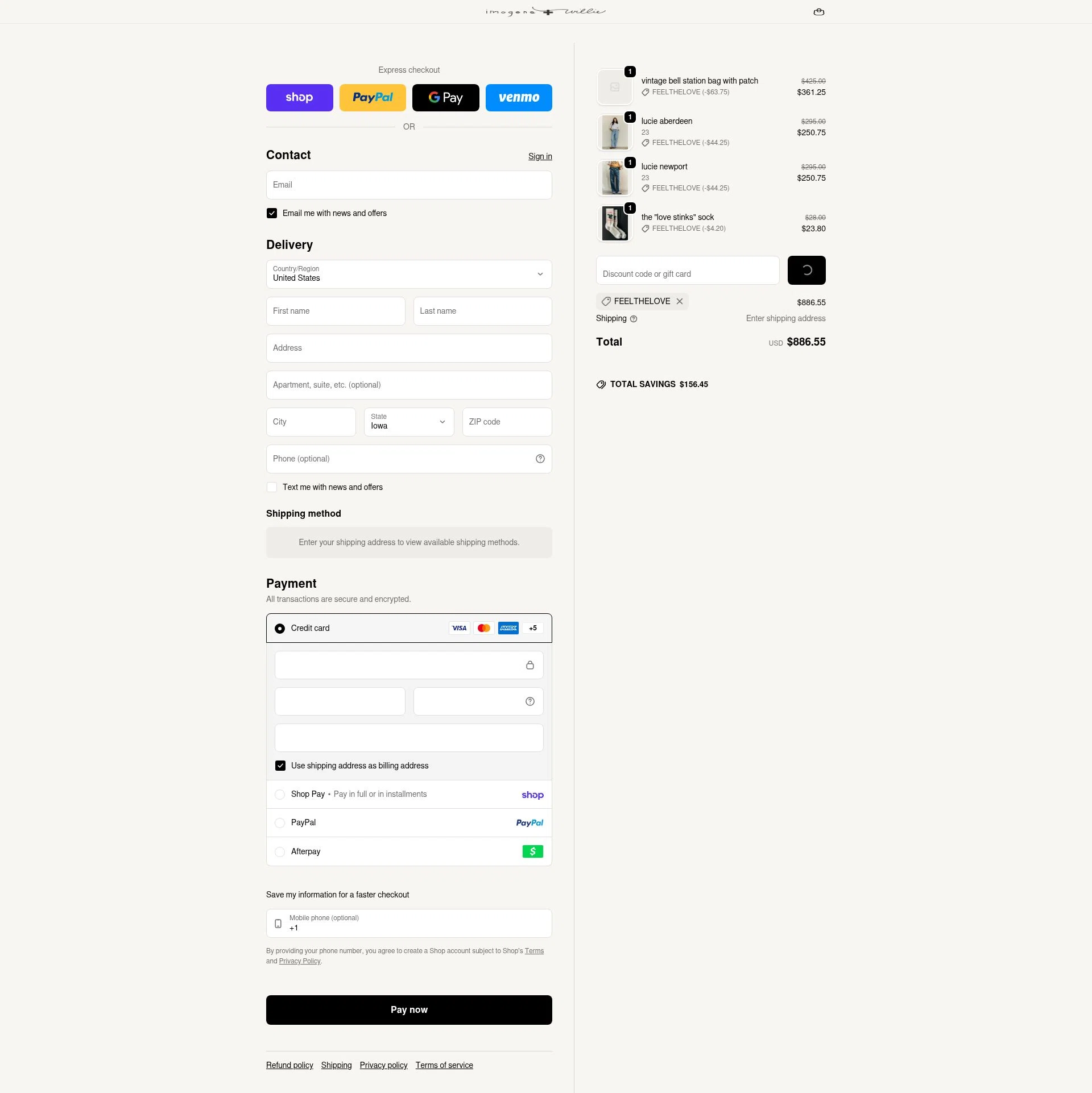 Imogene + Willie checkout page showing Imogene + Willie discount code box | Screenshot taken by SimplyCodes community member on Feb 16, 2026