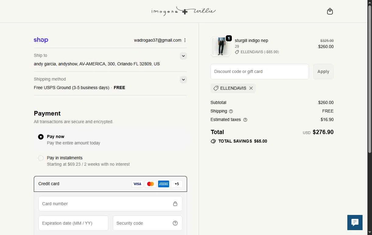 Imogene + Willie checkout page showing Imogene + Willie discount code box | Screenshot taken by SimplyCodes community member on Dec 1, 2025