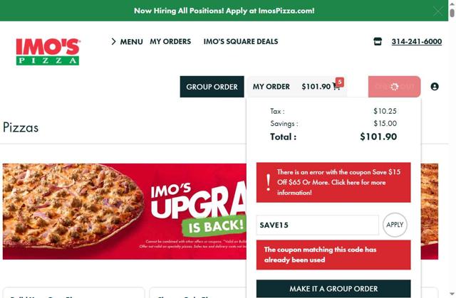 Imo's Pizza checkout page showing Imo's Pizza coupon code box | Screenshot taken by SimplyCodes community member on Jul 17, 2025