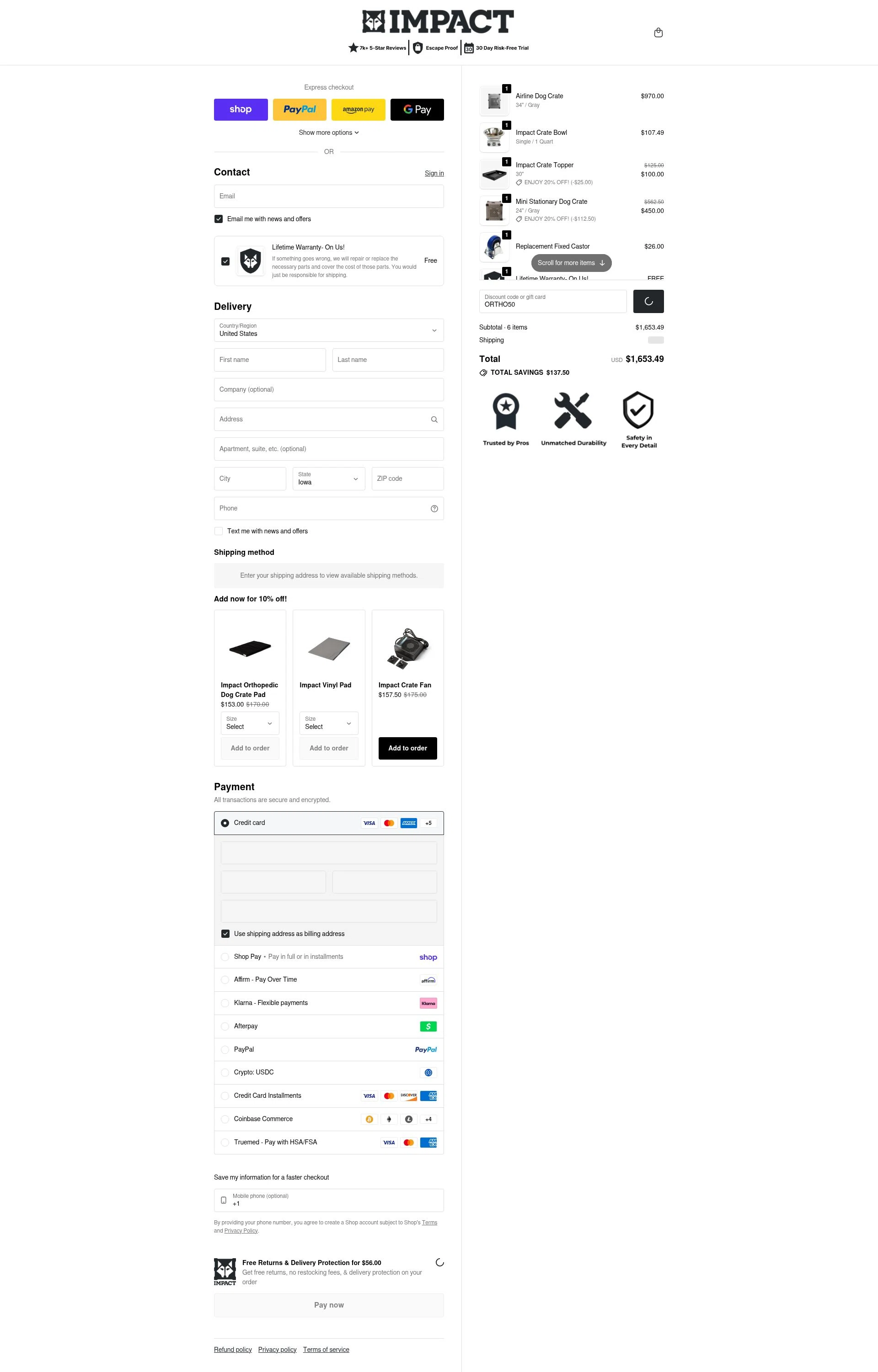 Impact Dog Crates checkout page showing Impact Dog Crates discount code box | Screenshot taken by SimplyCodes community member on Feb 3, 2026