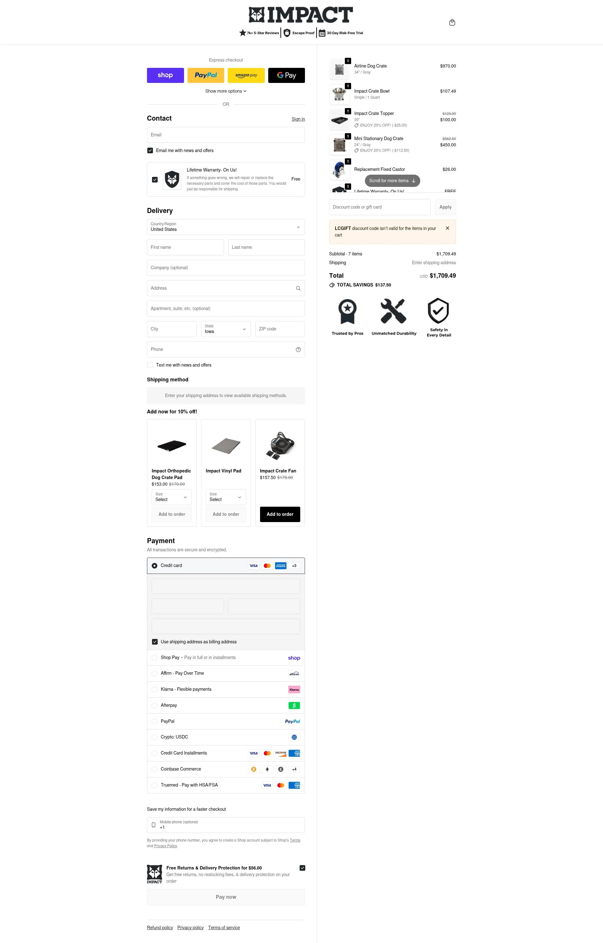 Impact Dog Crates checkout page showing Impact Dog Crates discount code box | Screenshot taken by SimplyCodes community member on Feb 3, 2026