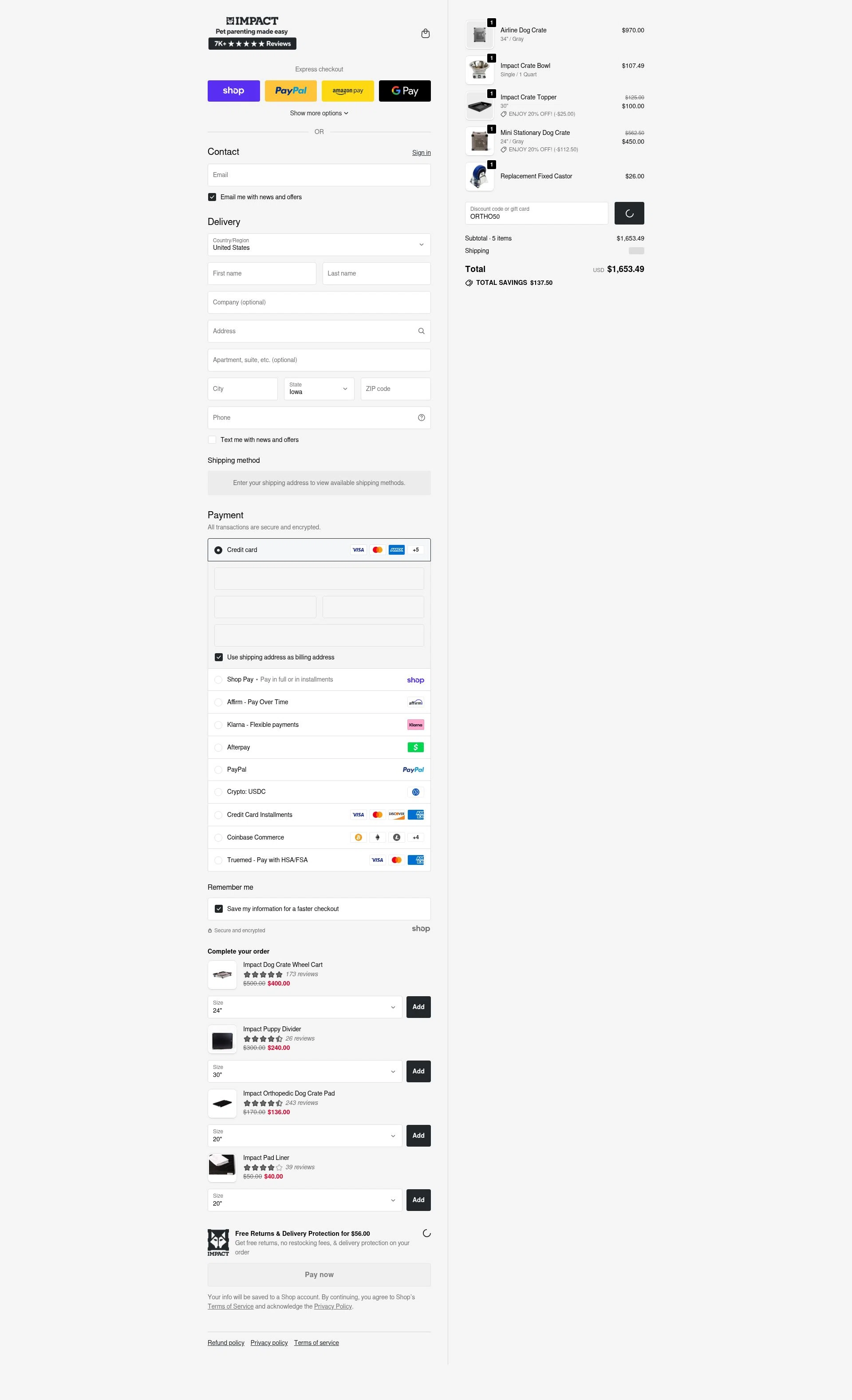 Impact Dog Crates checkout page showing Impact Dog Crates discount code box | Screenshot taken by SimplyCodes community member on Jan 30, 2026