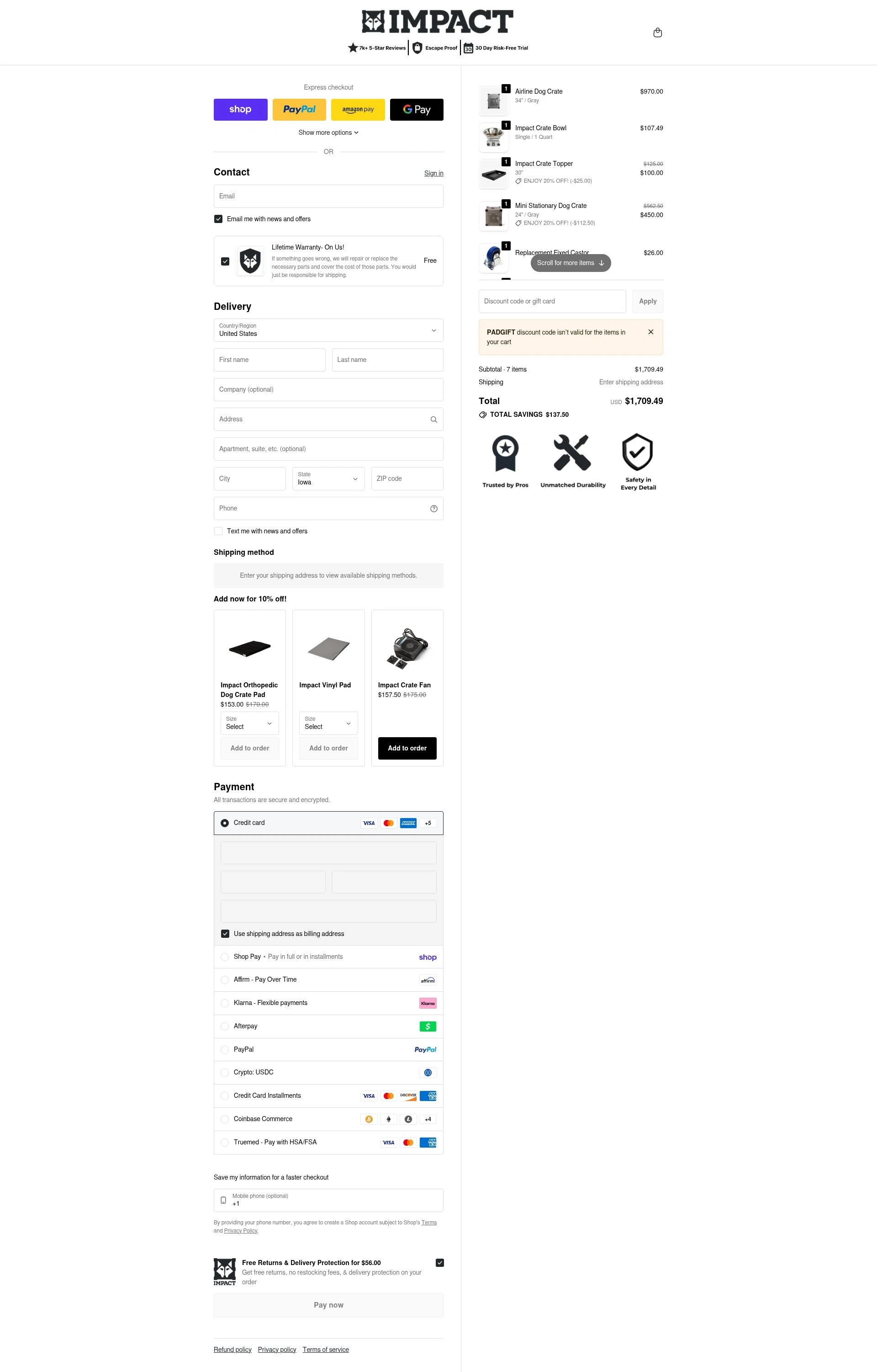 Impact Dog Crates checkout page showing Impact Dog Crates discount code box | Screenshot taken by SimplyCodes community member on Feb 3, 2026