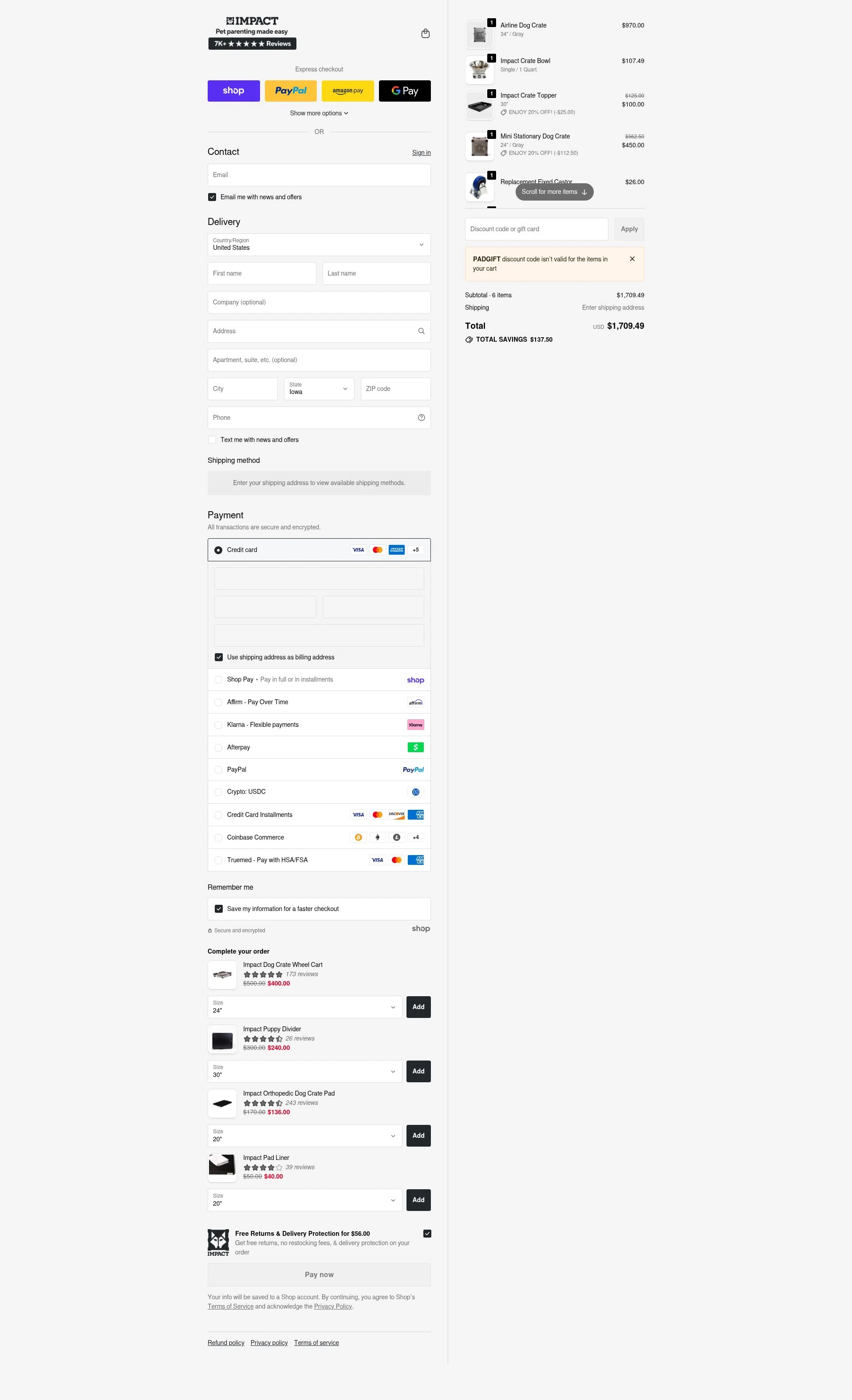Impact Dog Crates checkout page showing Impact Dog Crates discount code box | Screenshot taken by SimplyCodes community member on Jan 30, 2026