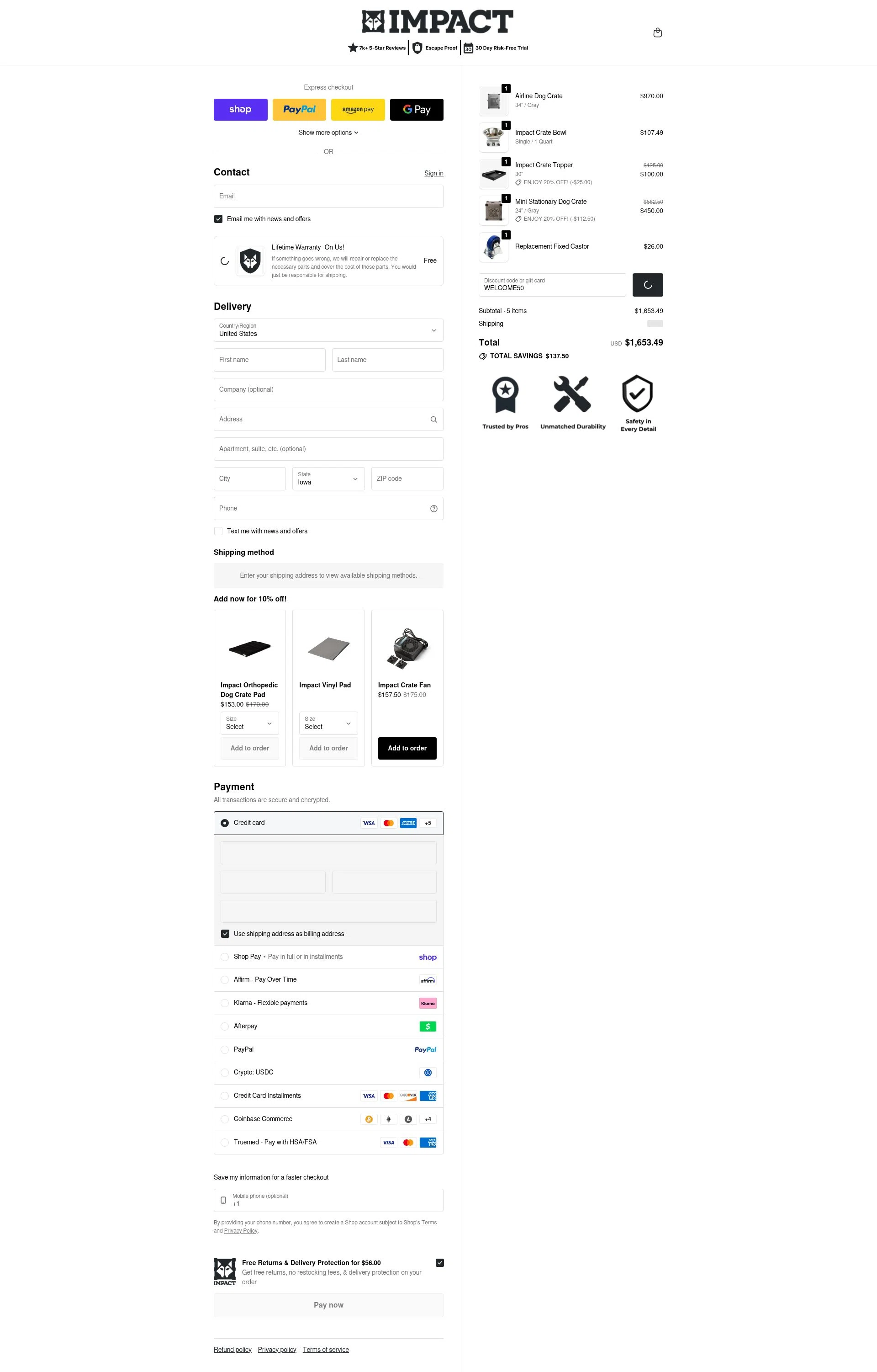 Impact Dog Crates checkout page showing Impact Dog Crates discount code box | Screenshot taken by SimplyCodes community member on Feb 3, 2026