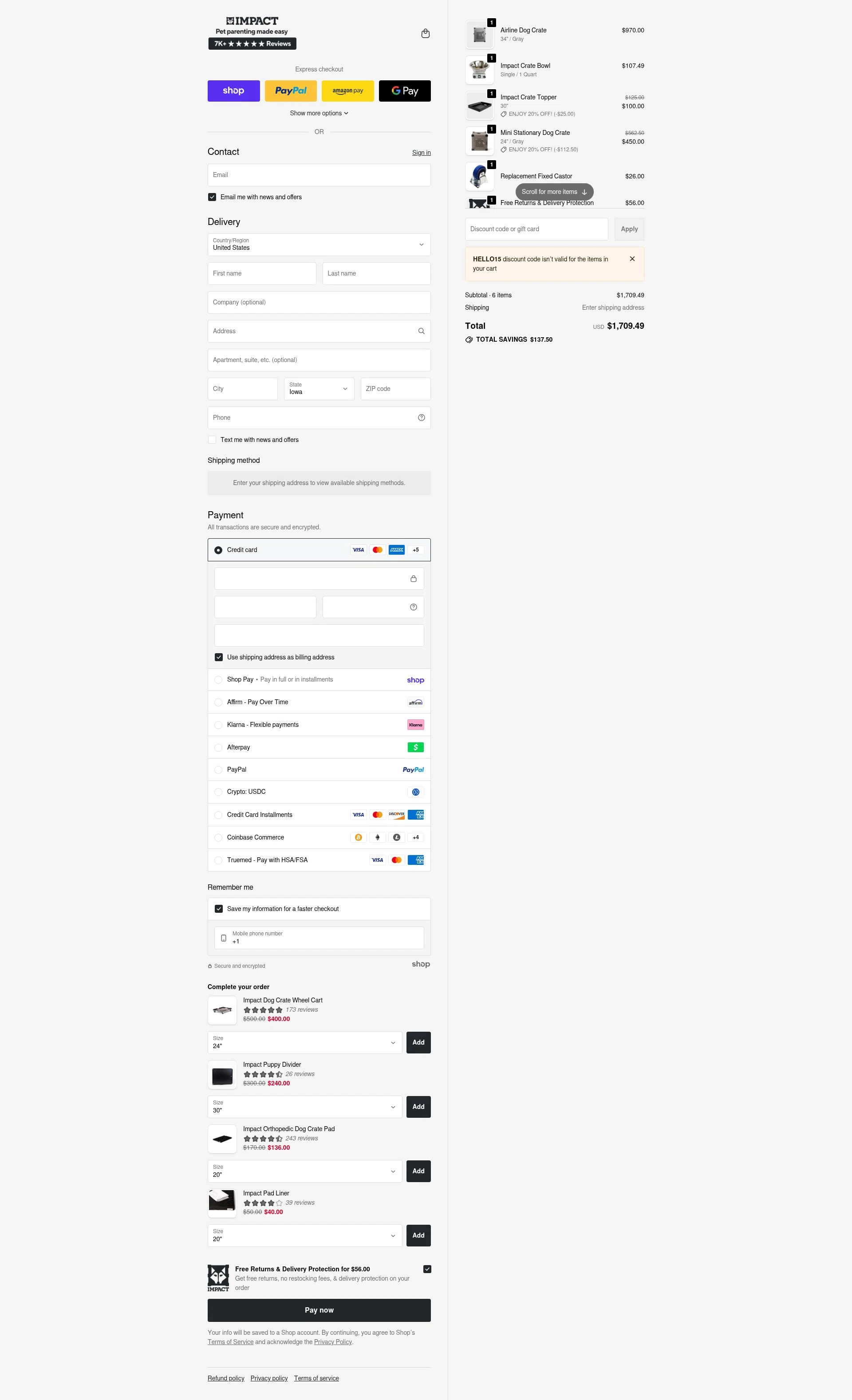 Impact Dog Crates checkout page showing Impact Dog Crates discount code box | Screenshot taken by SimplyCodes community member on Jan 30, 2026