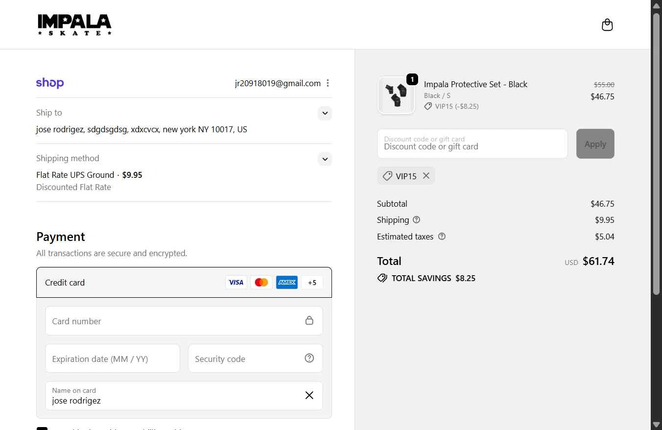 Impala Skates checkout page showing Impala Skates discount code box | Screenshot taken by SimplyCodes community member on Nov 27, 2025