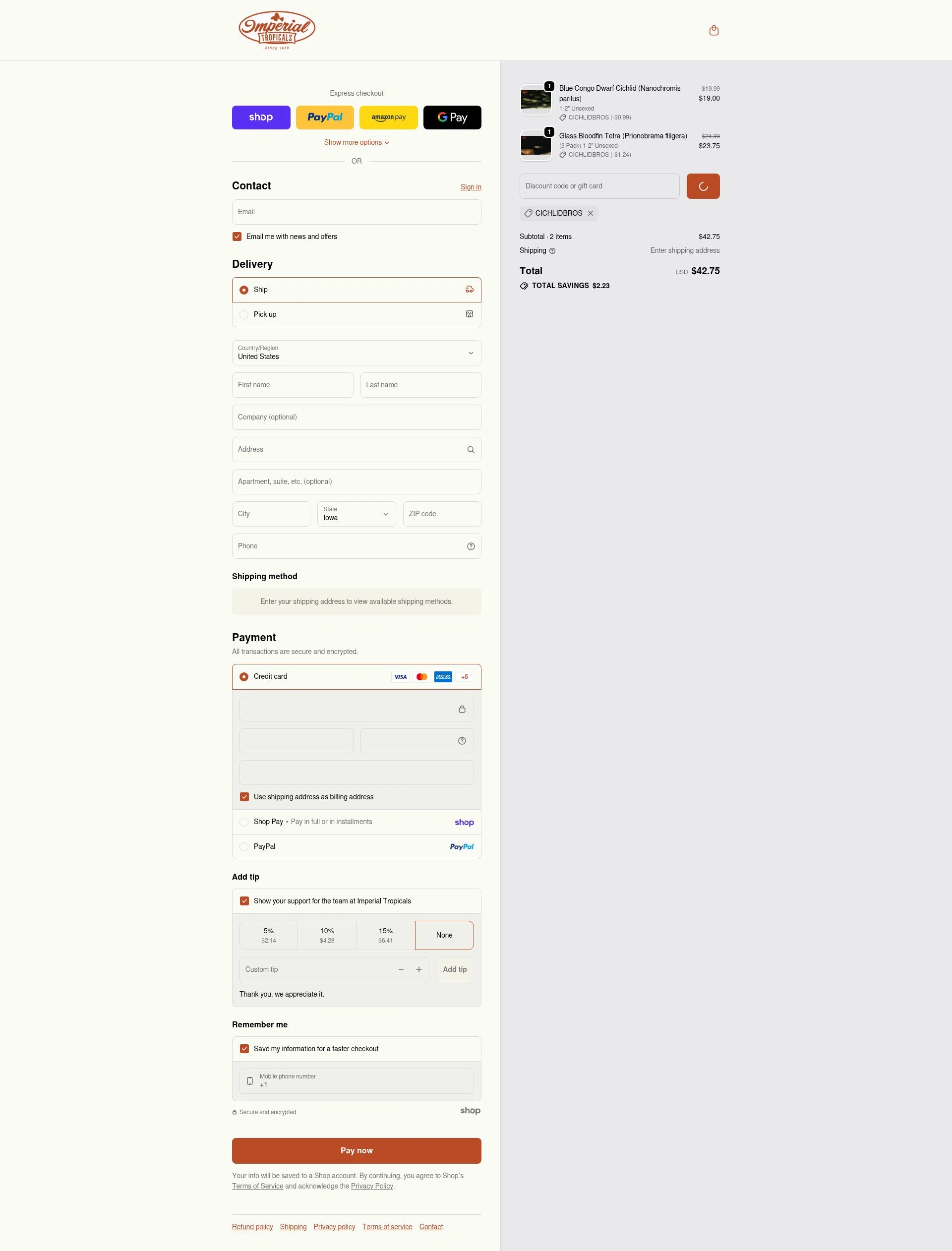 Imperial Tropicals checkout page showing Imperial Tropicals promo code box | Screenshot taken by SimplyCodes community member on Jan 29, 2026
