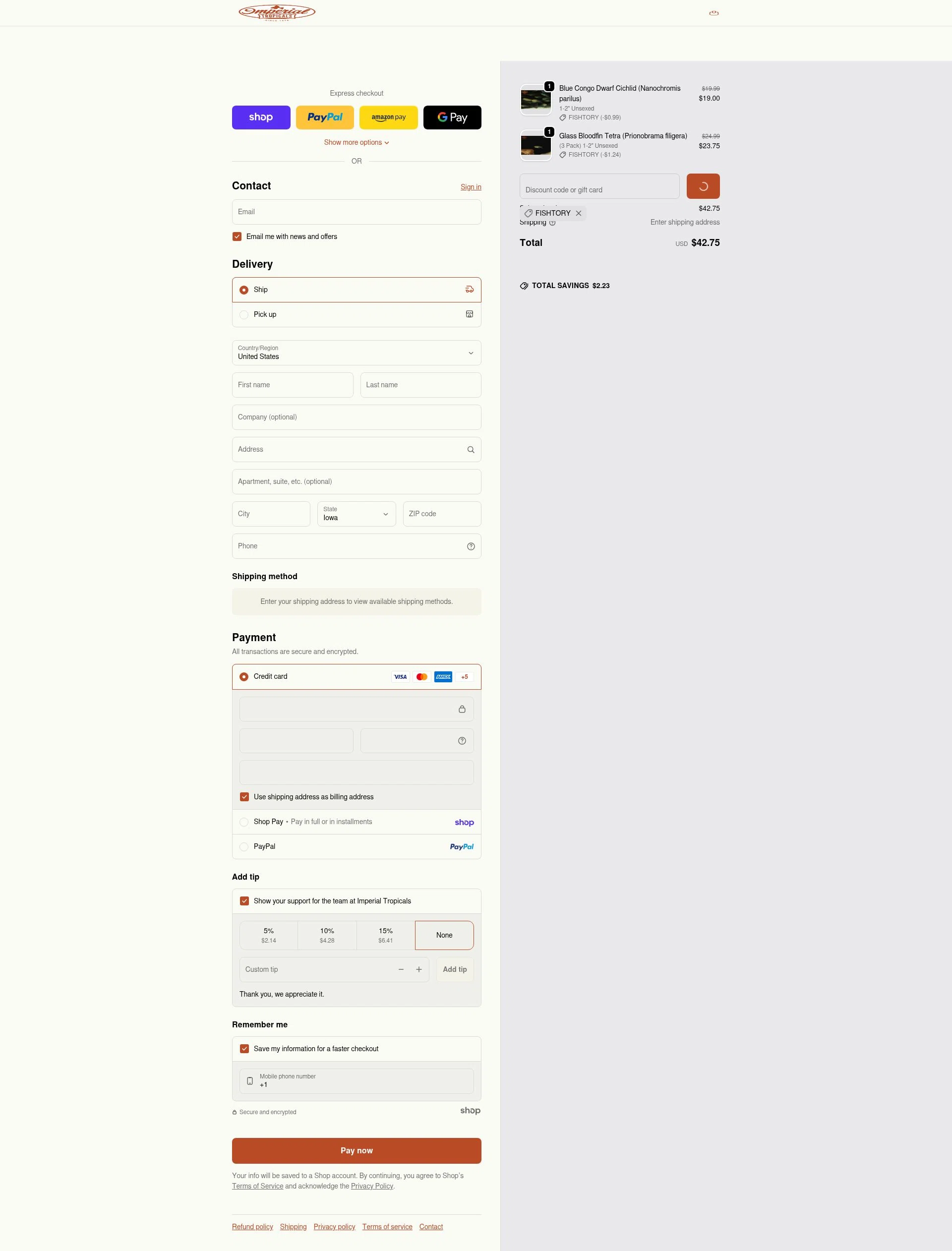 Imperial Tropicals checkout page showing Imperial Tropicals promo code box | Screenshot taken by SimplyCodes community member on Jan 29, 2026