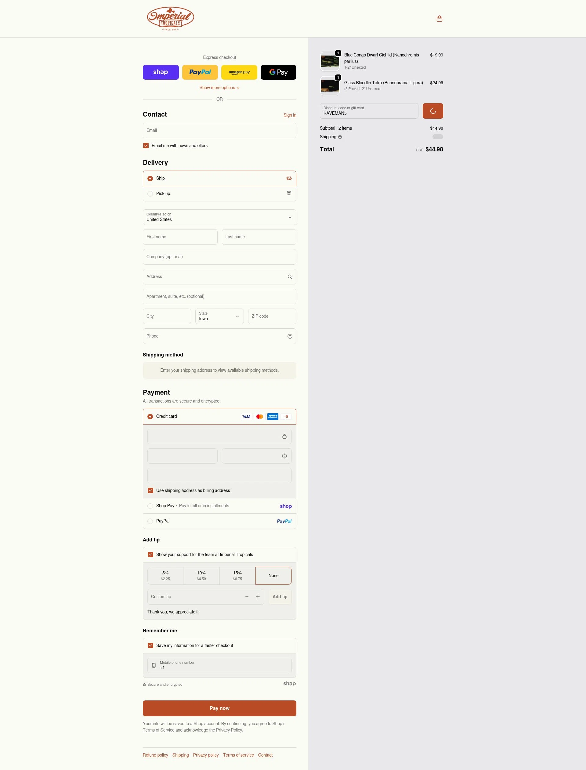 Imperial Tropicals checkout page showing Imperial Tropicals promo code box | Screenshot taken by SimplyCodes community member on Jan 29, 2026