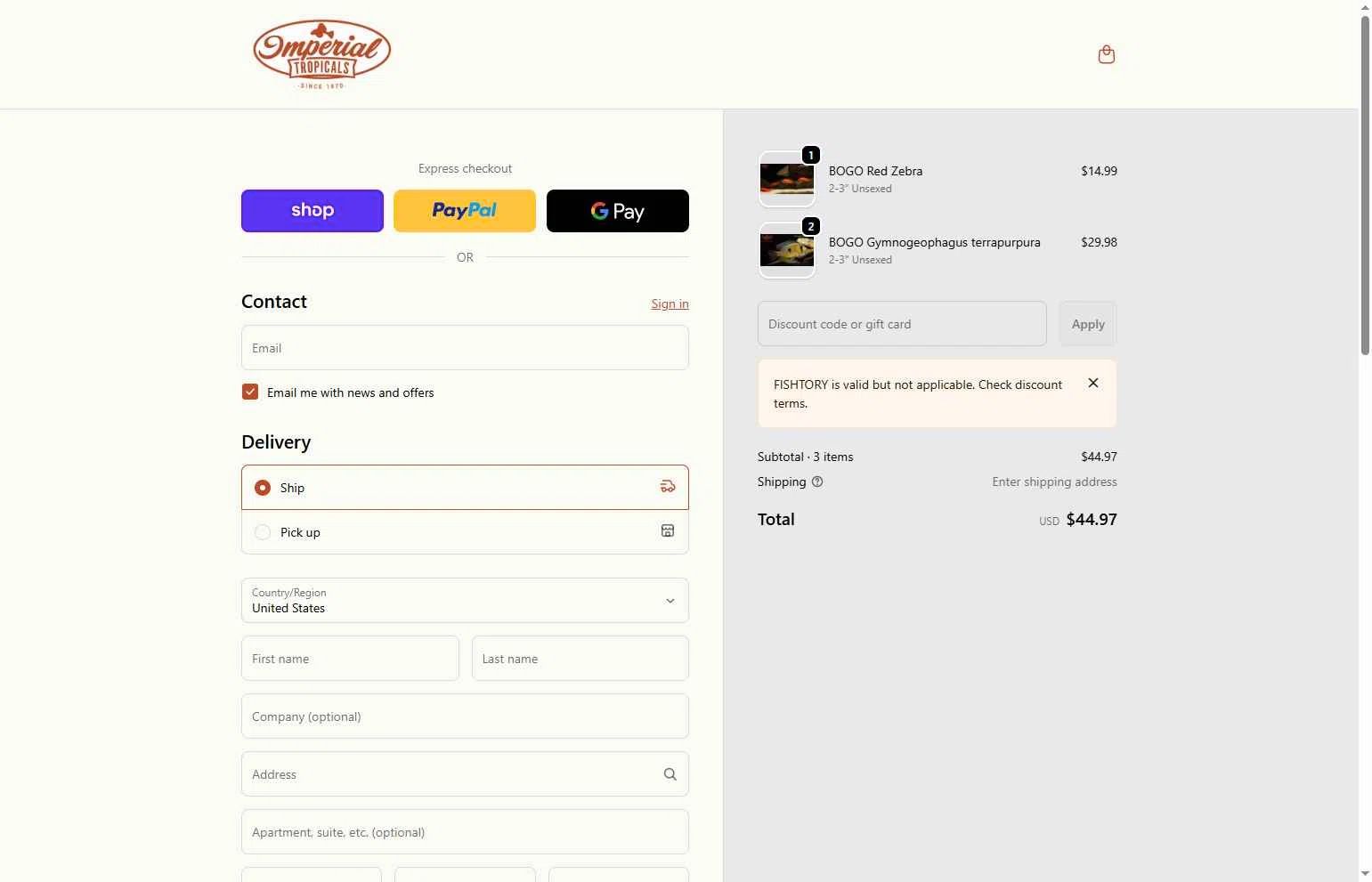 Imperial Tropicals checkout page showing Imperial Tropicals promo code box | Screenshot taken by SimplyCodes community member on Jan 27, 2026