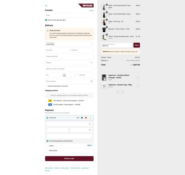 Impericon checkout page showing Impericon discount code box | Screenshot taken by SimplyCodes community member on Sep 10, 2025
