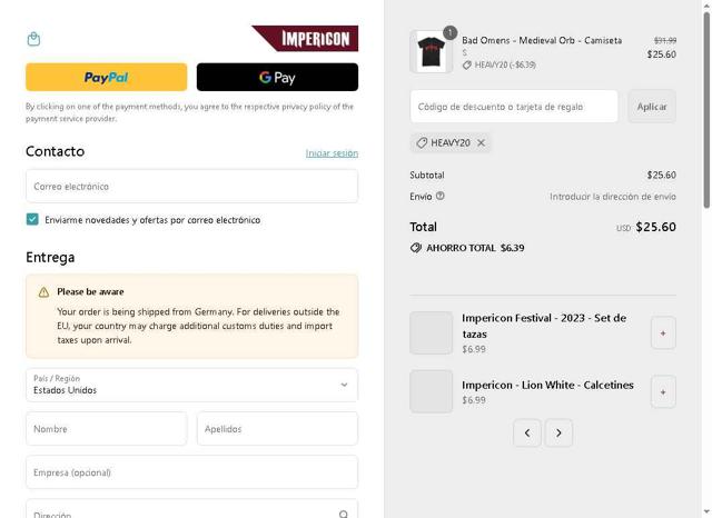 Impericon checkout page showing Impericon discount code box | Screenshot taken by SimplyCodes community member on Sep 7, 2025