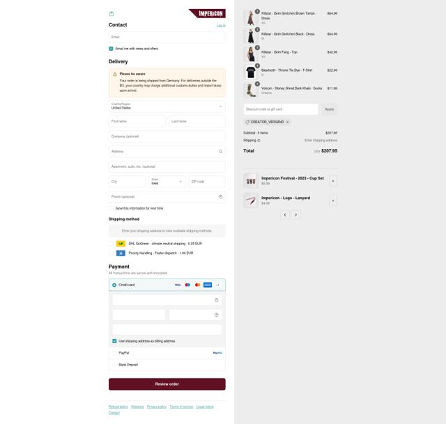 Impericon checkout page showing Impericon discount code box | Screenshot taken by SimplyCodes community member on Sep 5, 2025