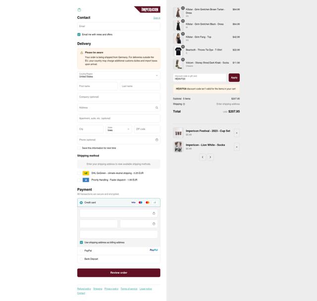 Impericon checkout page showing Impericon discount code box | Screenshot taken by SimplyCodes community member on Sep 15, 2025