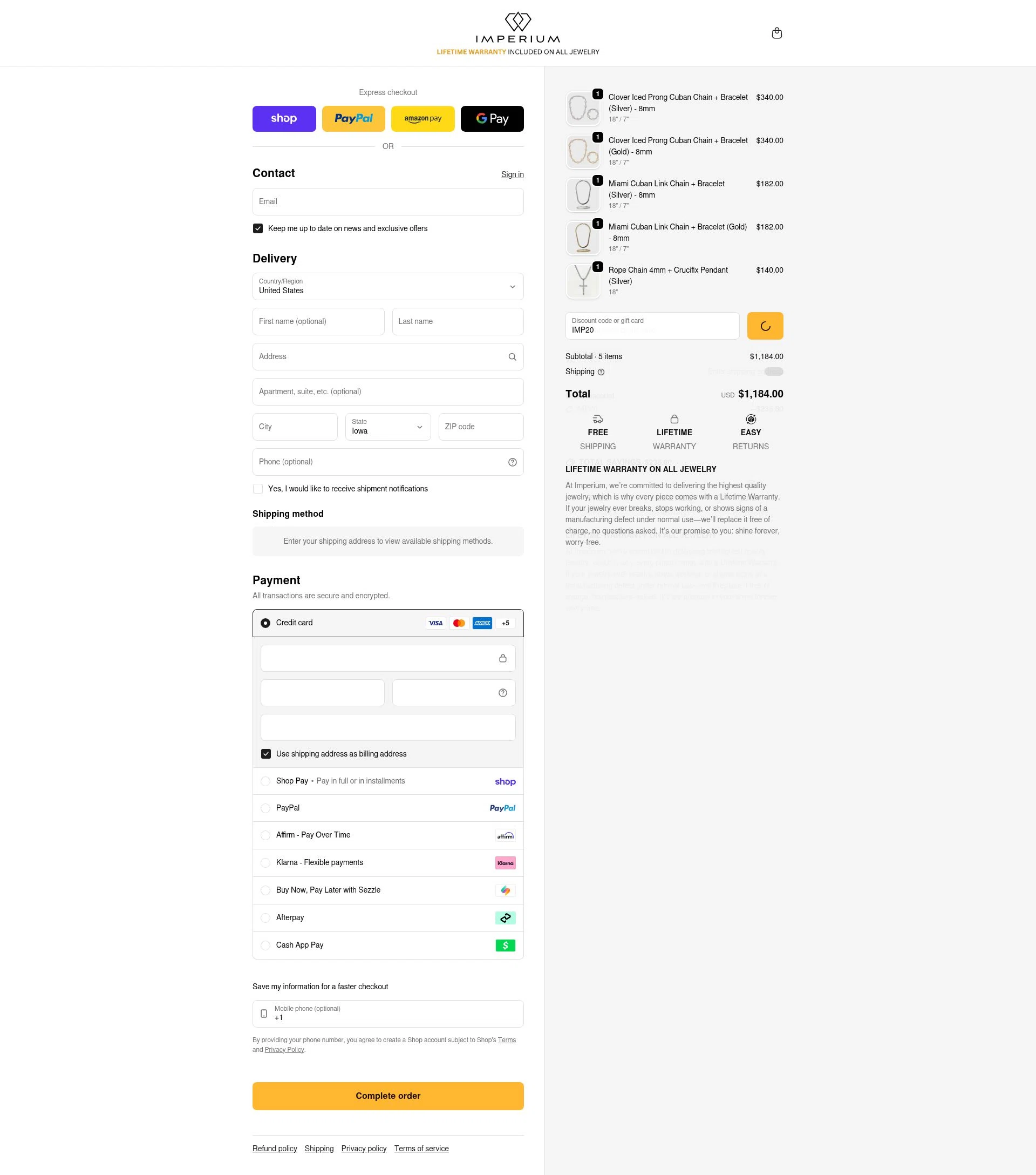 Imperium Jewelry checkout page showing Imperium Jewelry discount code box | Screenshot taken by SimplyCodes community member on Feb 18, 2026
