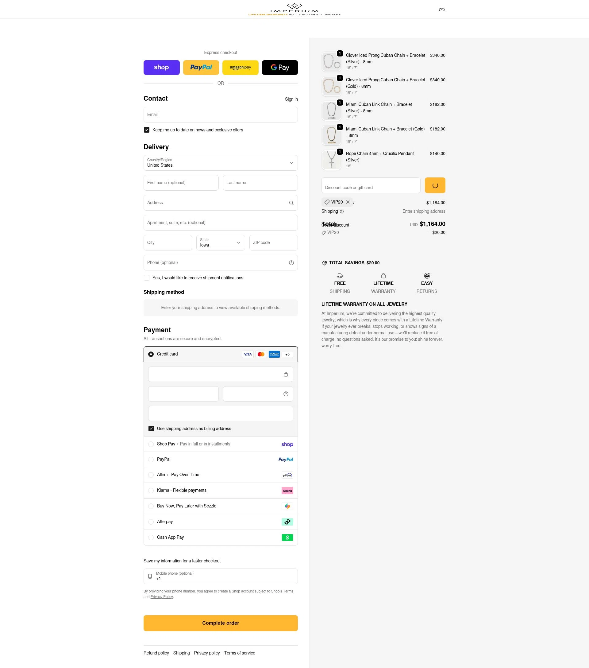 Imperium Jewelry checkout page showing Imperium Jewelry discount code box | Screenshot taken by SimplyCodes community member on Feb 18, 2026