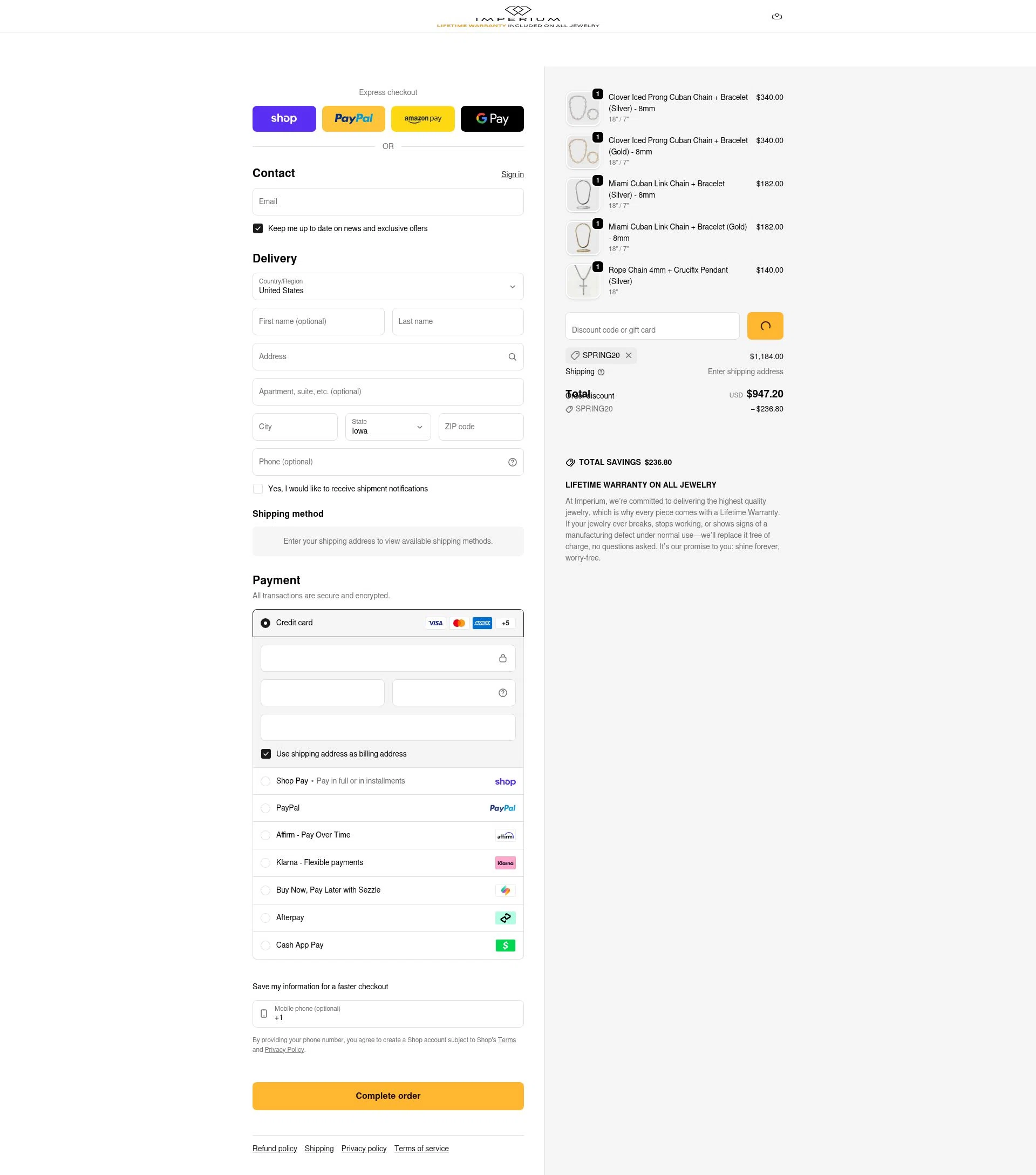 Imperium Jewelry checkout page showing Imperium Jewelry discount code box | Screenshot taken by SimplyCodes community member on Feb 18, 2026
