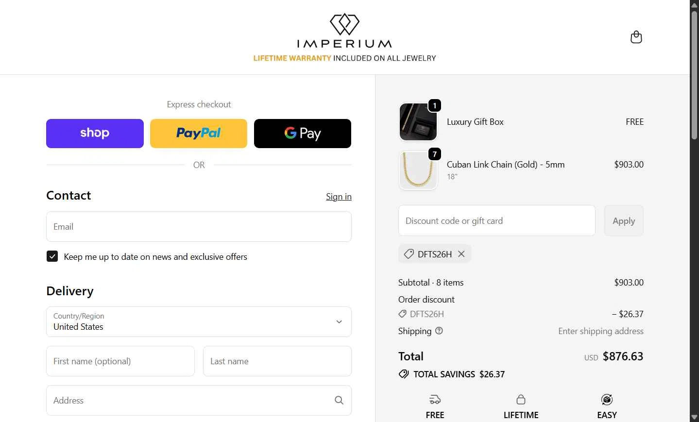 Imperium Jewelry checkout page showing Imperium Jewelry discount code box | Screenshot taken by SimplyCodes community member on Feb 18, 2026