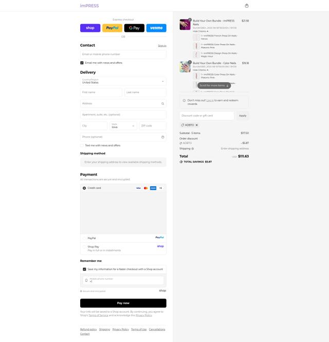 imPRESS Beauty checkout page showing imPRESS Beauty coupon code box | Screenshot taken by SimplyCodes community member on Sep 12, 2025