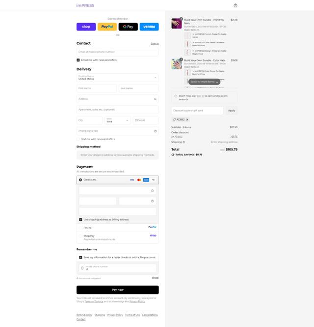 imPRESS Beauty checkout page showing imPRESS Beauty coupon code box | Screenshot taken by SimplyCodes community member on Sep 12, 2025