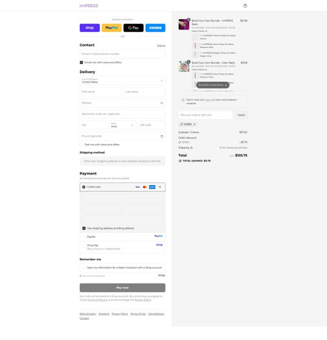 imPRESS Beauty checkout page showing imPRESS Beauty coupon code box | Screenshot taken by SimplyCodes community member on Sep 12, 2025