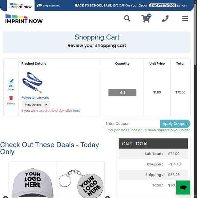Imprint Now checkout page showing Imprint Now coupon code box | Screenshot taken by SimplyCodes community member on Aug 10, 2025