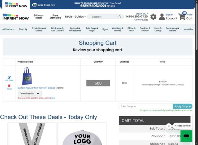 Imprint Now checkout page showing Imprint Now coupon code box | Screenshot taken by SimplyCodes community member on Aug 9, 2025