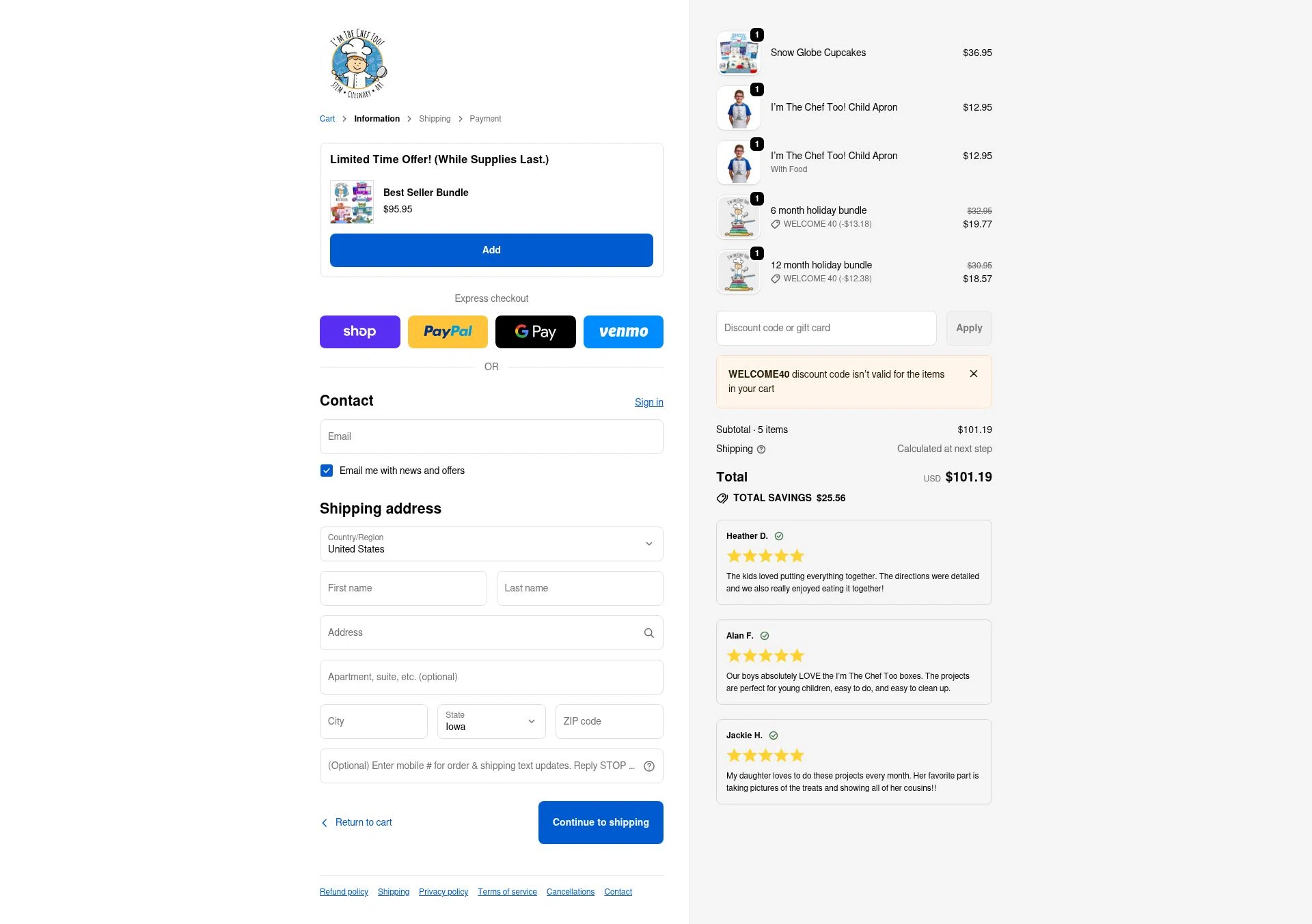 I’m The Chef Too checkout page showing I’m The Chef Too coupon code box | Screenshot taken by SimplyCodes community member on Jan 2, 2026