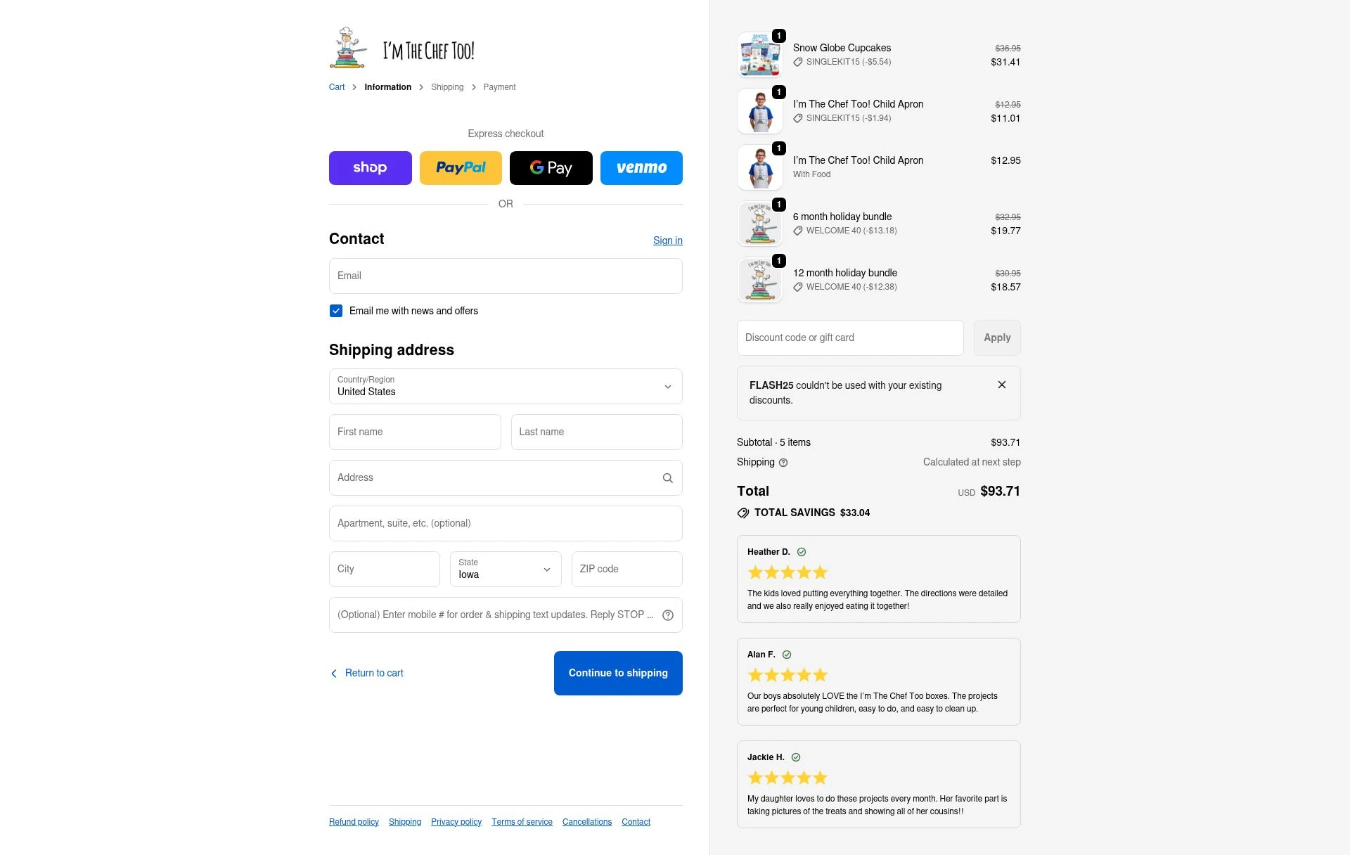 I’m The Chef Too checkout page showing I’m The Chef Too coupon code box | Screenshot taken by SimplyCodes community member on Dec 28, 2025