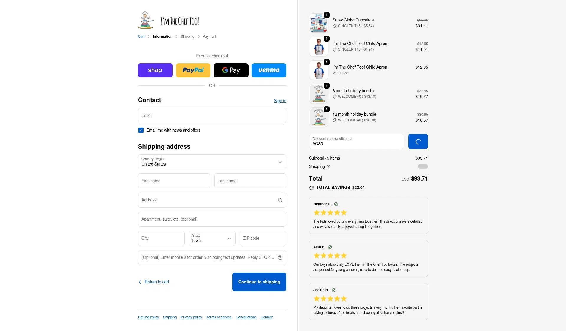 I’m The Chef Too checkout page showing I’m The Chef Too coupon code box | Screenshot taken by SimplyCodes community member on Dec 28, 2025