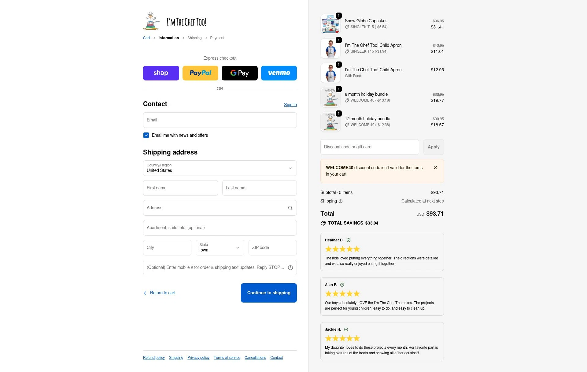 I’m The Chef Too checkout page showing I’m The Chef Too coupon code box | Screenshot taken by SimplyCodes community member on Dec 28, 2025