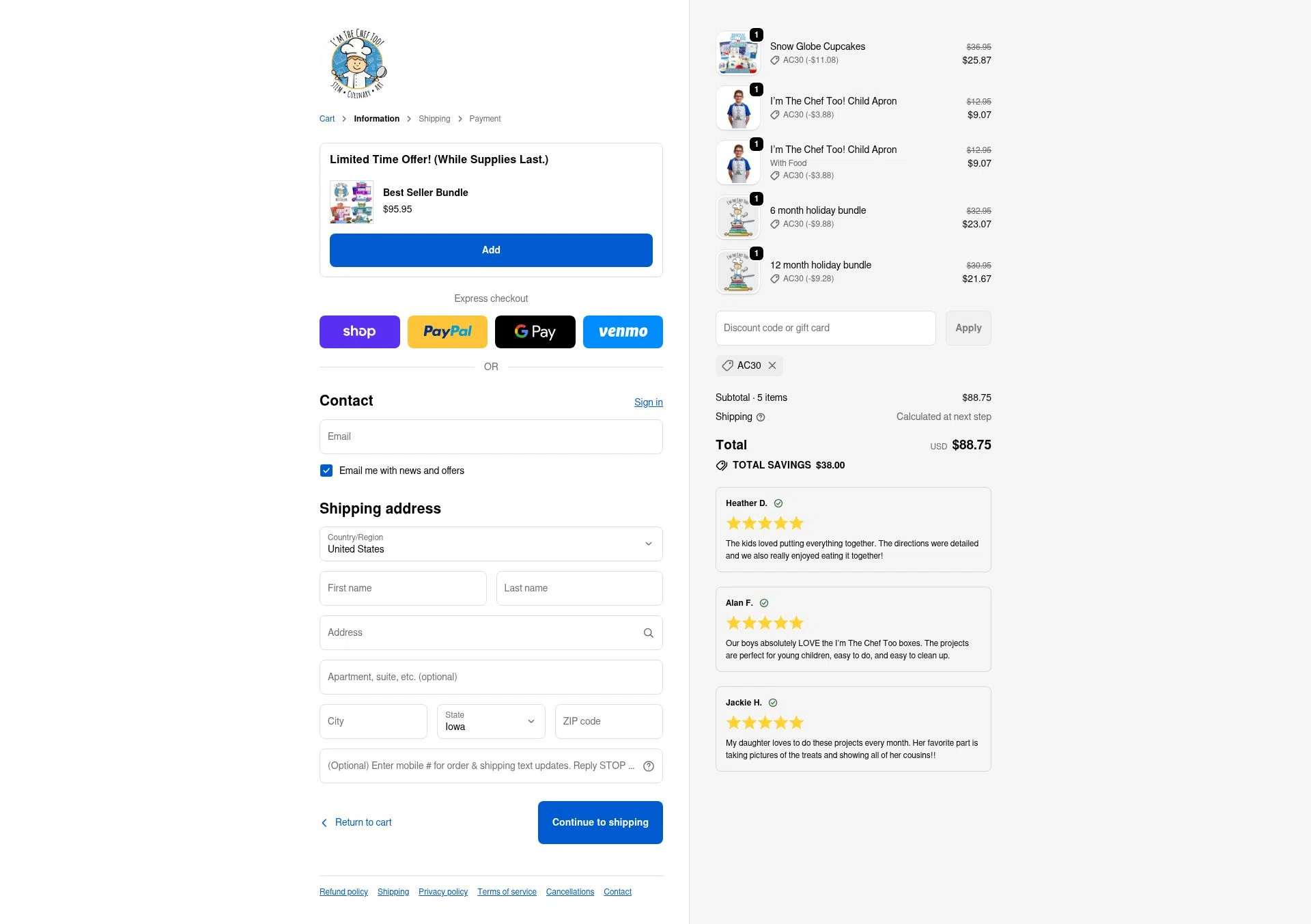 I’m The Chef Too checkout page showing I’m The Chef Too coupon code box | Screenshot taken by SimplyCodes community member on Jan 2, 2026
