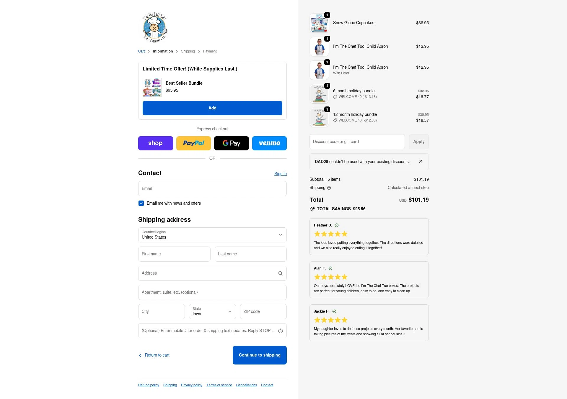I’m The Chef Too checkout page showing I’m The Chef Too coupon code box | Screenshot taken by SimplyCodes community member on Jan 2, 2026