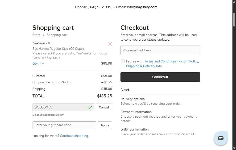 I'm-Yunity checkout page showing I'm-Yunity promo code box | Screenshot taken by SimplyCodes community member on May 19, 2025