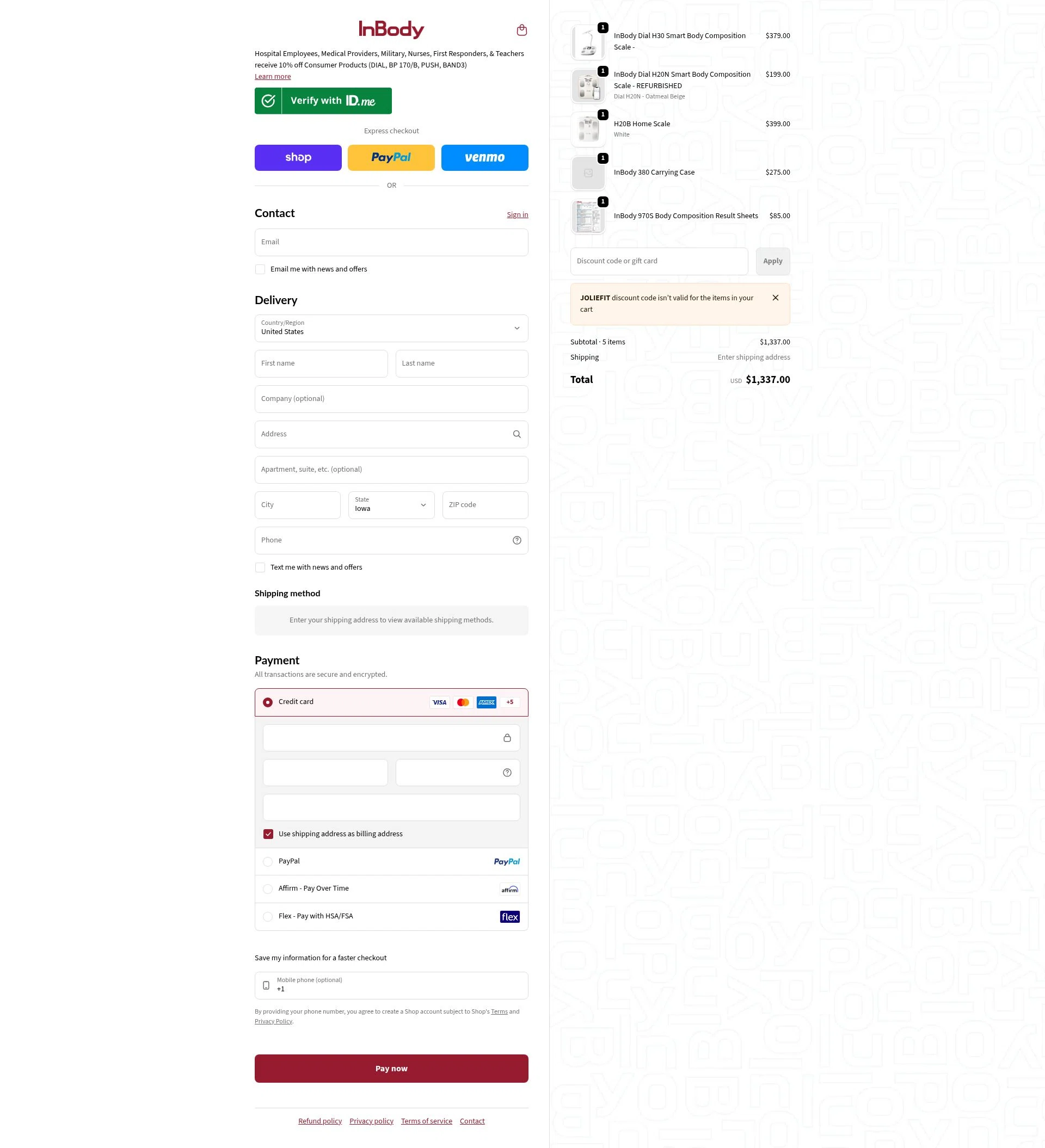 InBody USA checkout page showing InBody USA discount code box | Screenshot taken by SimplyCodes community member on Feb 8, 2026