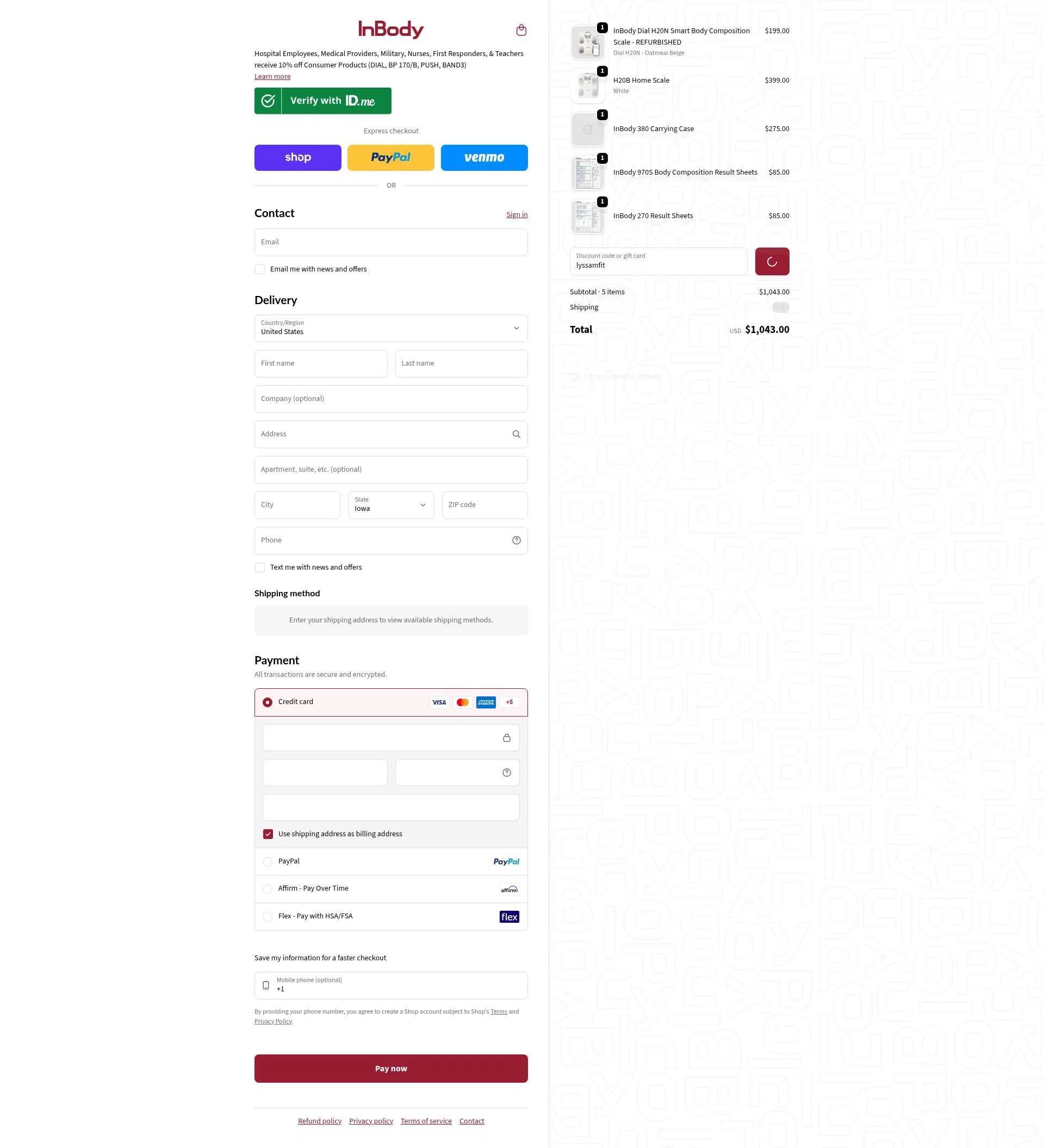 InBody USA checkout page showing InBody USA discount code box | Screenshot taken by SimplyCodes community member on Feb 12, 2026