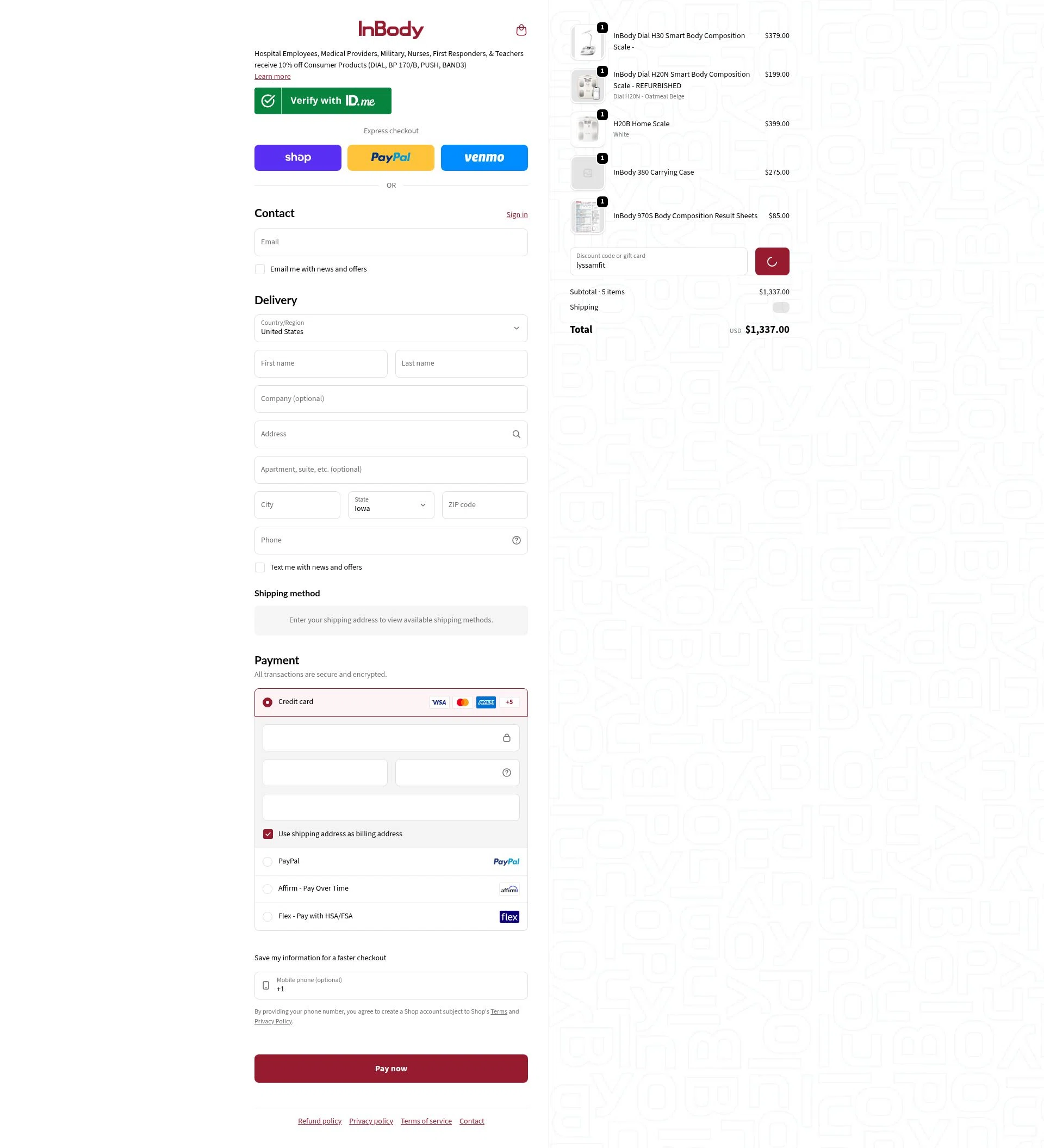 InBody USA checkout page showing InBody USA discount code box | Screenshot taken by SimplyCodes community member on Feb 8, 2026