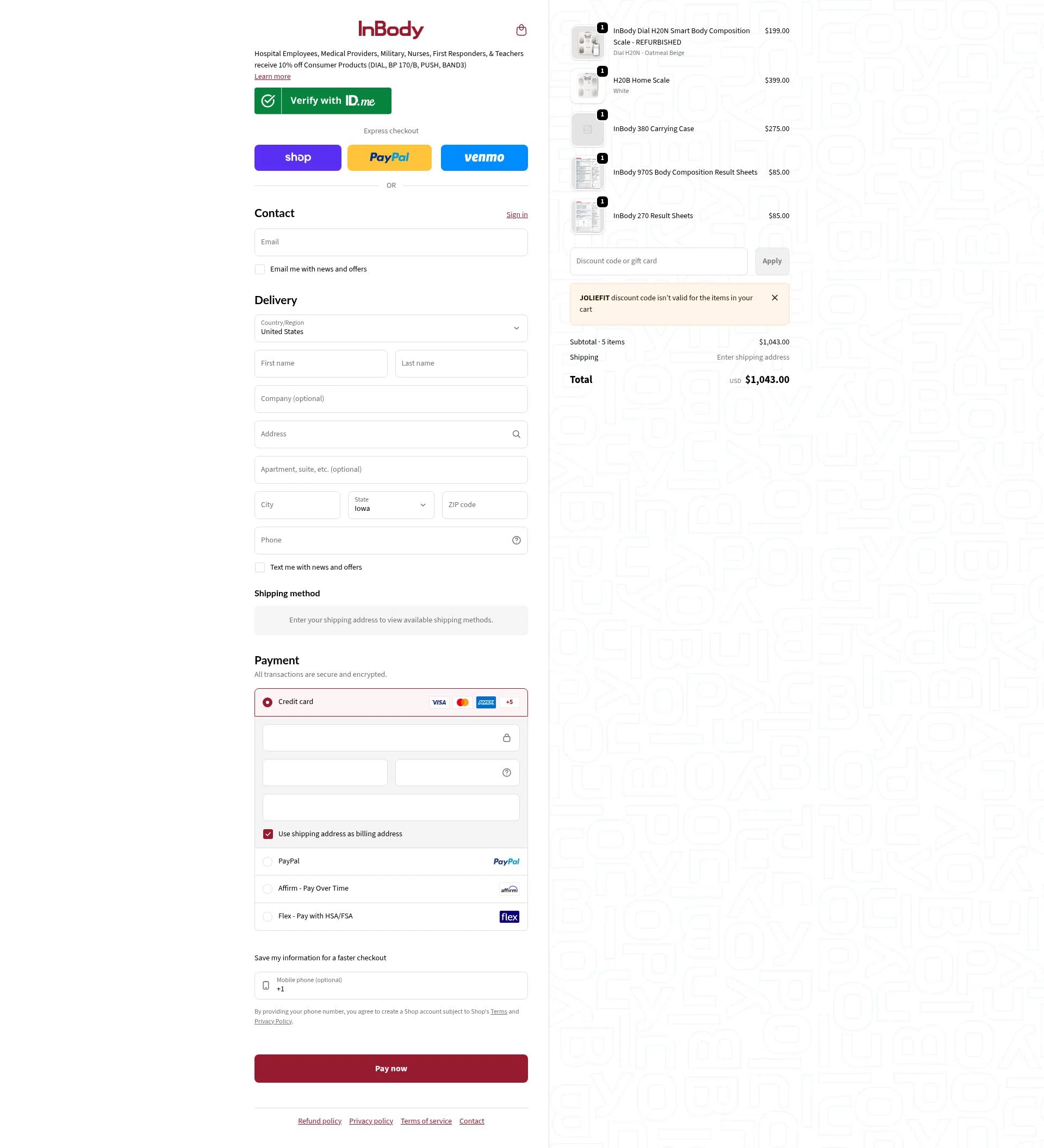 InBody USA checkout page showing InBody USA discount code box | Screenshot taken by SimplyCodes community member on Feb 12, 2026
