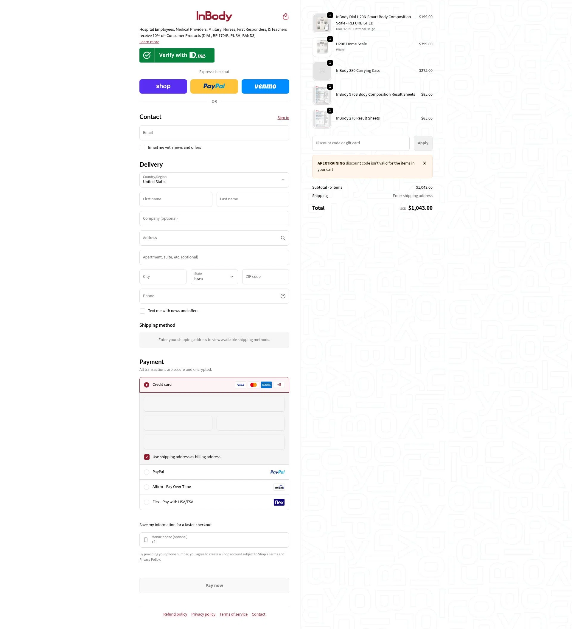 InBody USA checkout page showing InBody USA discount code box | Screenshot taken by SimplyCodes community member on Feb 12, 2026